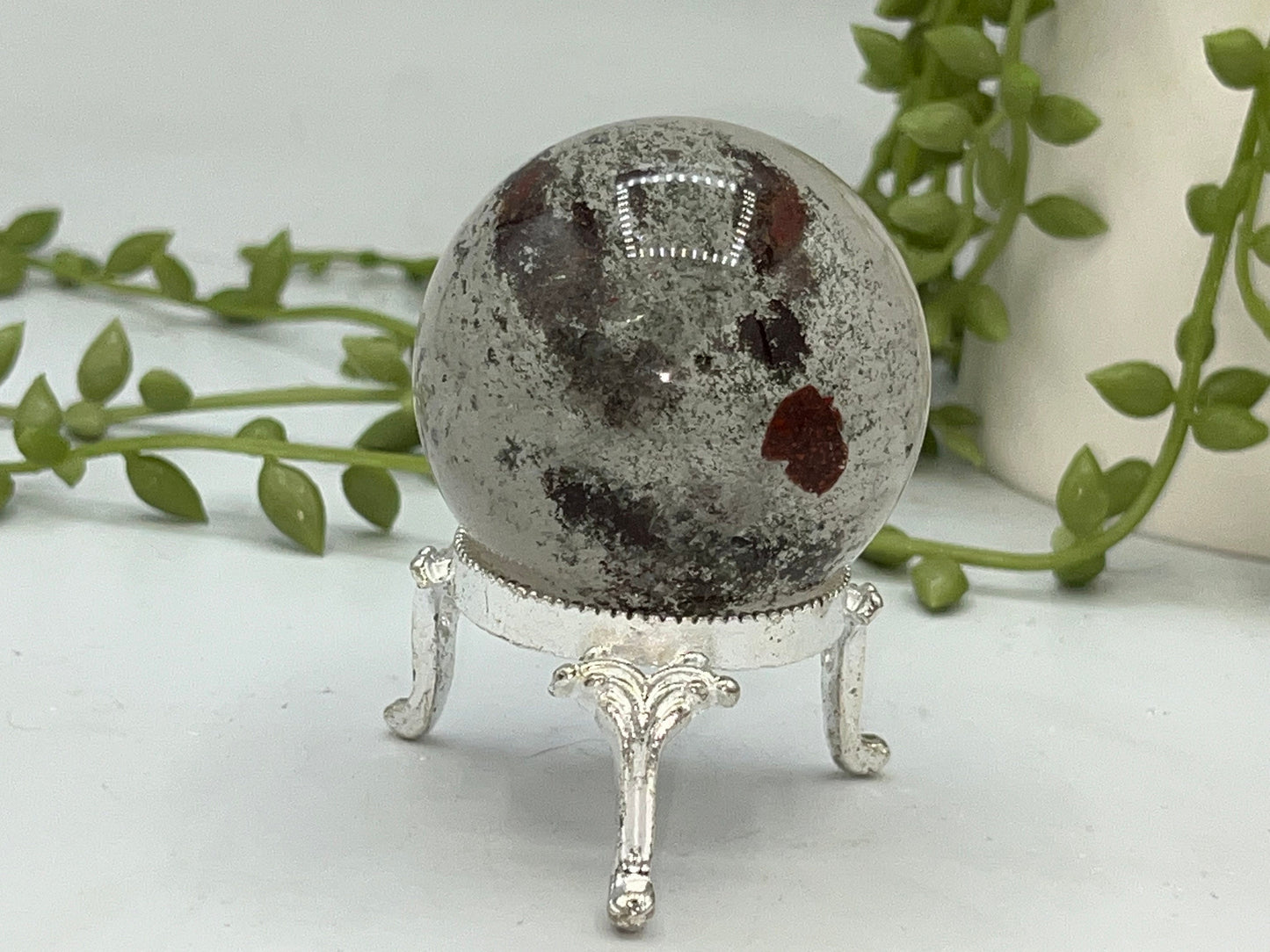 47mm Lodolite Garden Quartz Sphere, Garden Quartz Crystal, Floodlit Garden Quartz Sphere, Lodolite crystals, hematite feldspar quartz