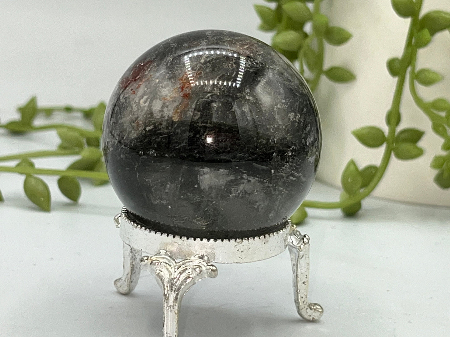 46.7mm Lodolite Garden Quartz Sphere, Garden Quartz Crystal, Floodlit Garden Quartz Sphere, Lodolite crystals, hematite feldspar quartz