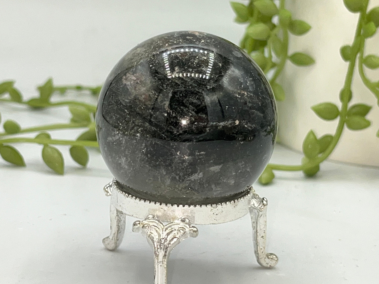 46.7mm Lodolite Garden Quartz Sphere, Garden Quartz Crystal, Floodlit Garden Quartz Sphere, Lodolite crystals, hematite feldspar quartz