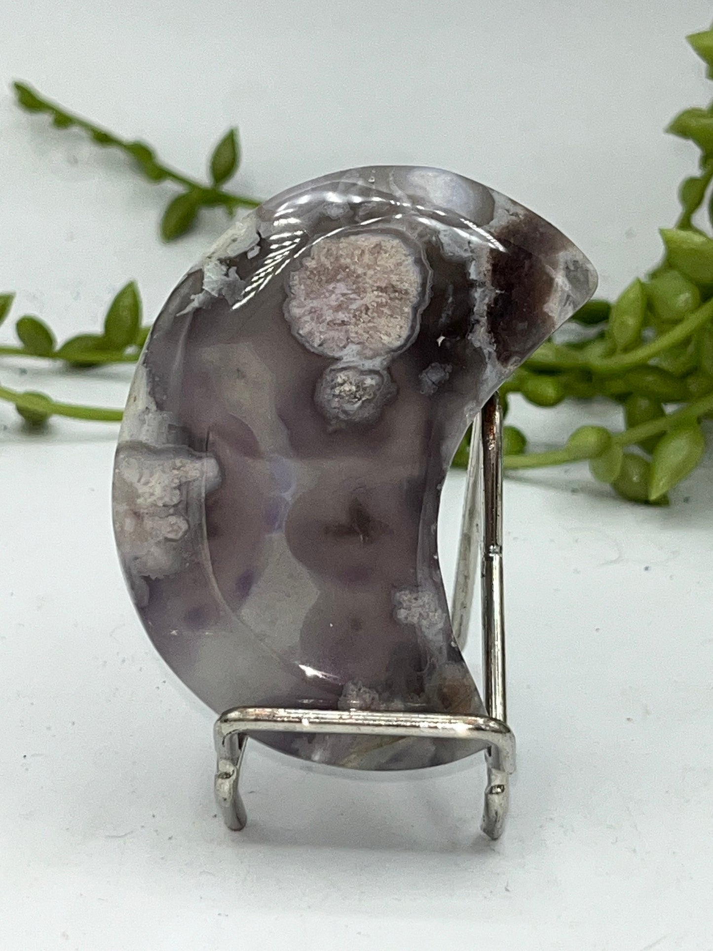 Black Flower Agate Moon, Healing Crystal Moon, Polished Crystal, manifest dreams, eradicate self doubt, sacred femininity, grounding,
