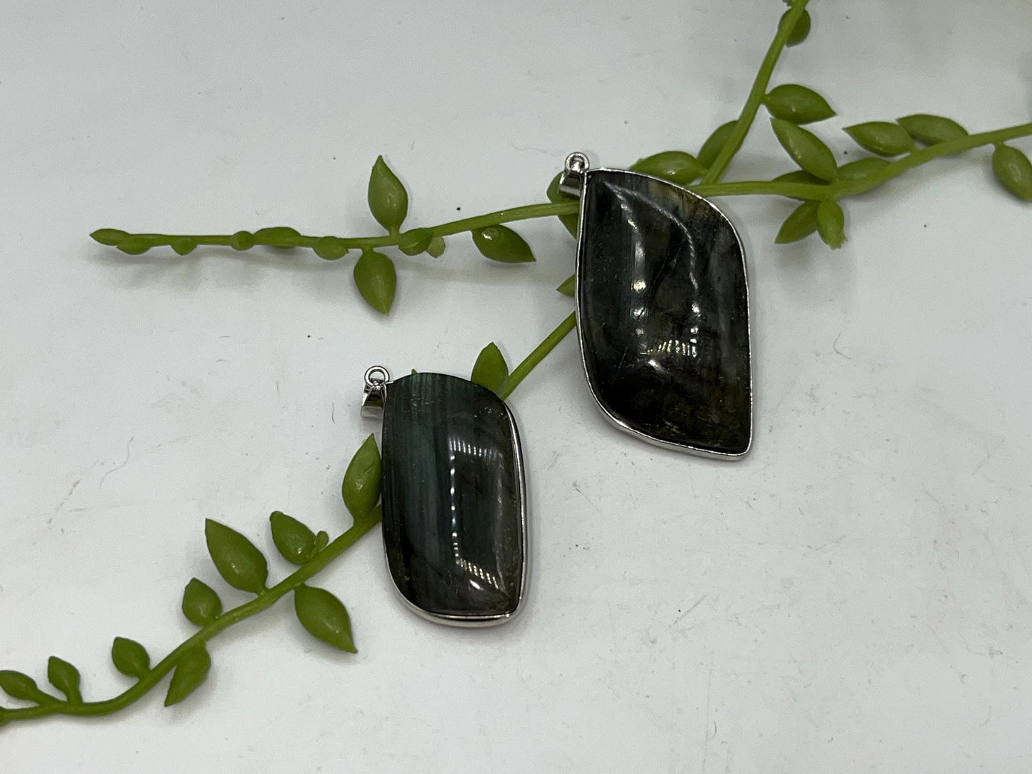 Labradorite Leaf Pendants. Beautiful flash, Green, yellow and orange flash, pick your favourite, perfect gift