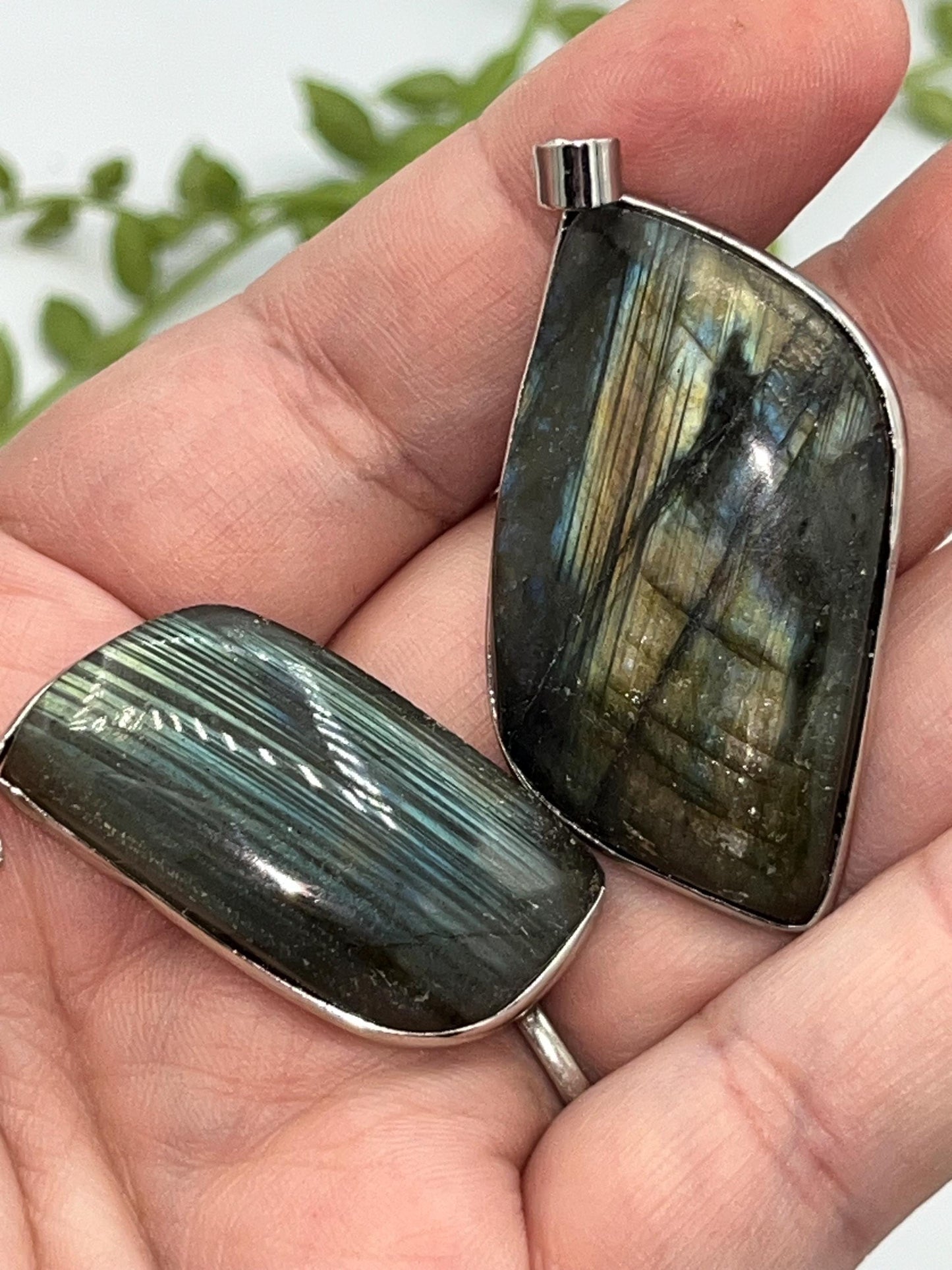 Labradorite Leaf Pendants. Beautiful flash, Green, yellow and orange flash, pick your favourite, perfect gift