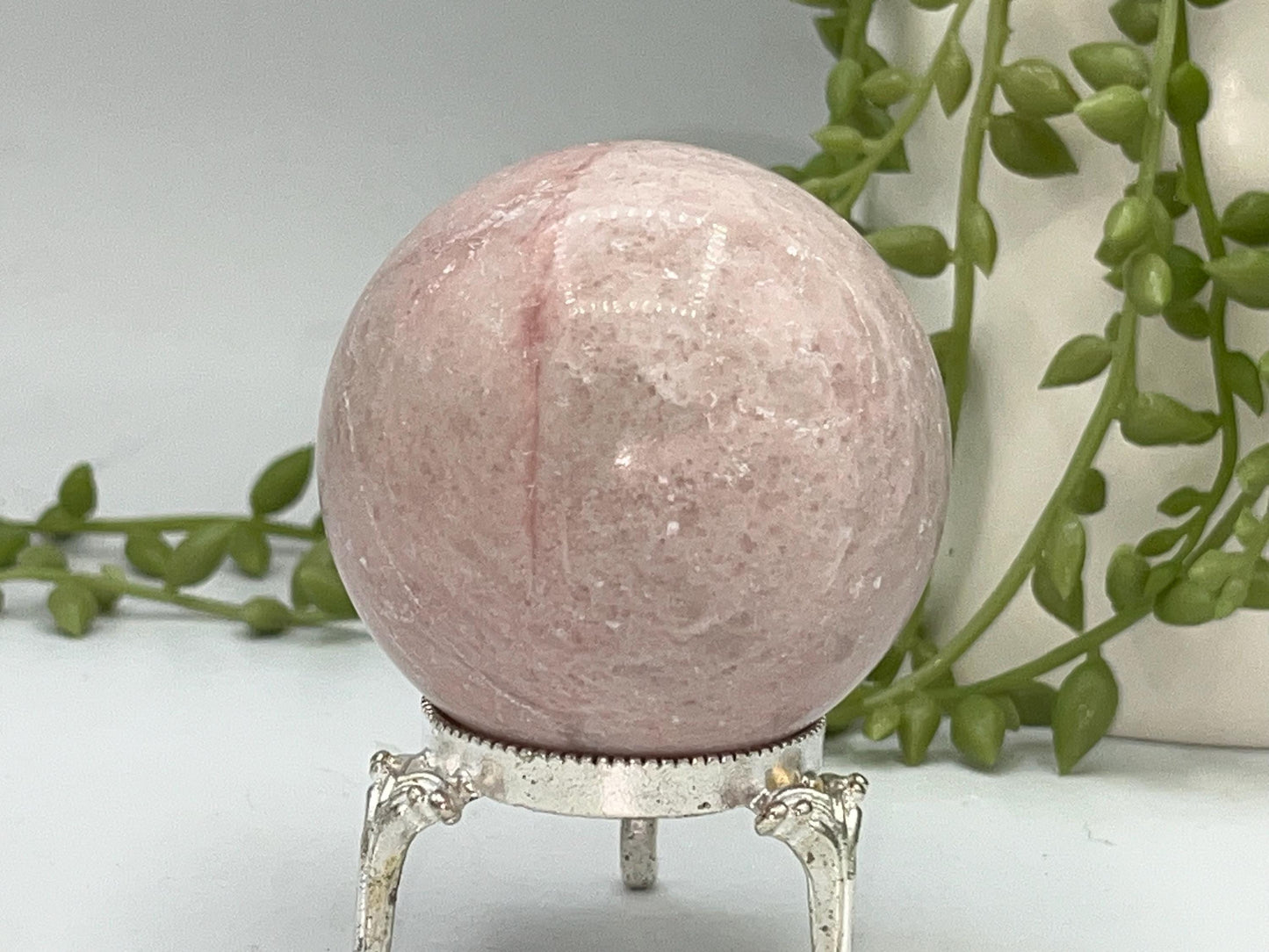 Peruvian Pink Opal sphere, (A) Natural Crystal, 5.6cm in diameter, Peppermint Candy sphere, heart chakra, perfect for anxiety & self healing