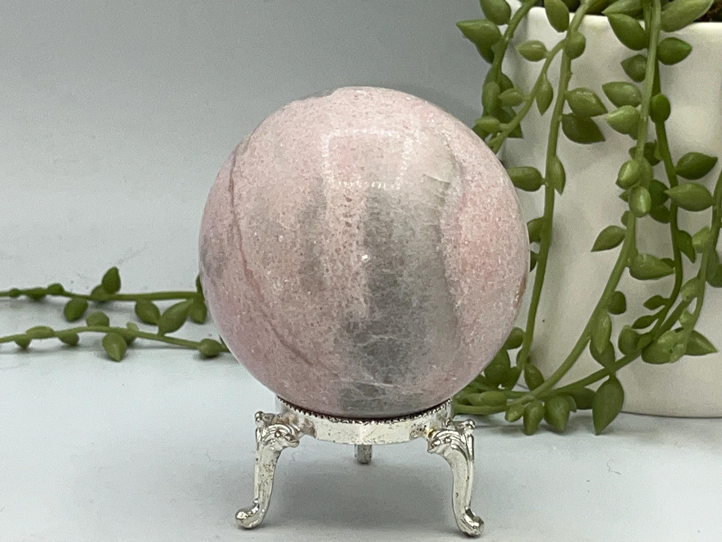 Peruvian Pink Opal sphere, (B) Natural Crystal, 6.6cm in diameter, Peppermint Candy sphere, heart chakra, perfect for anxiety & self healing