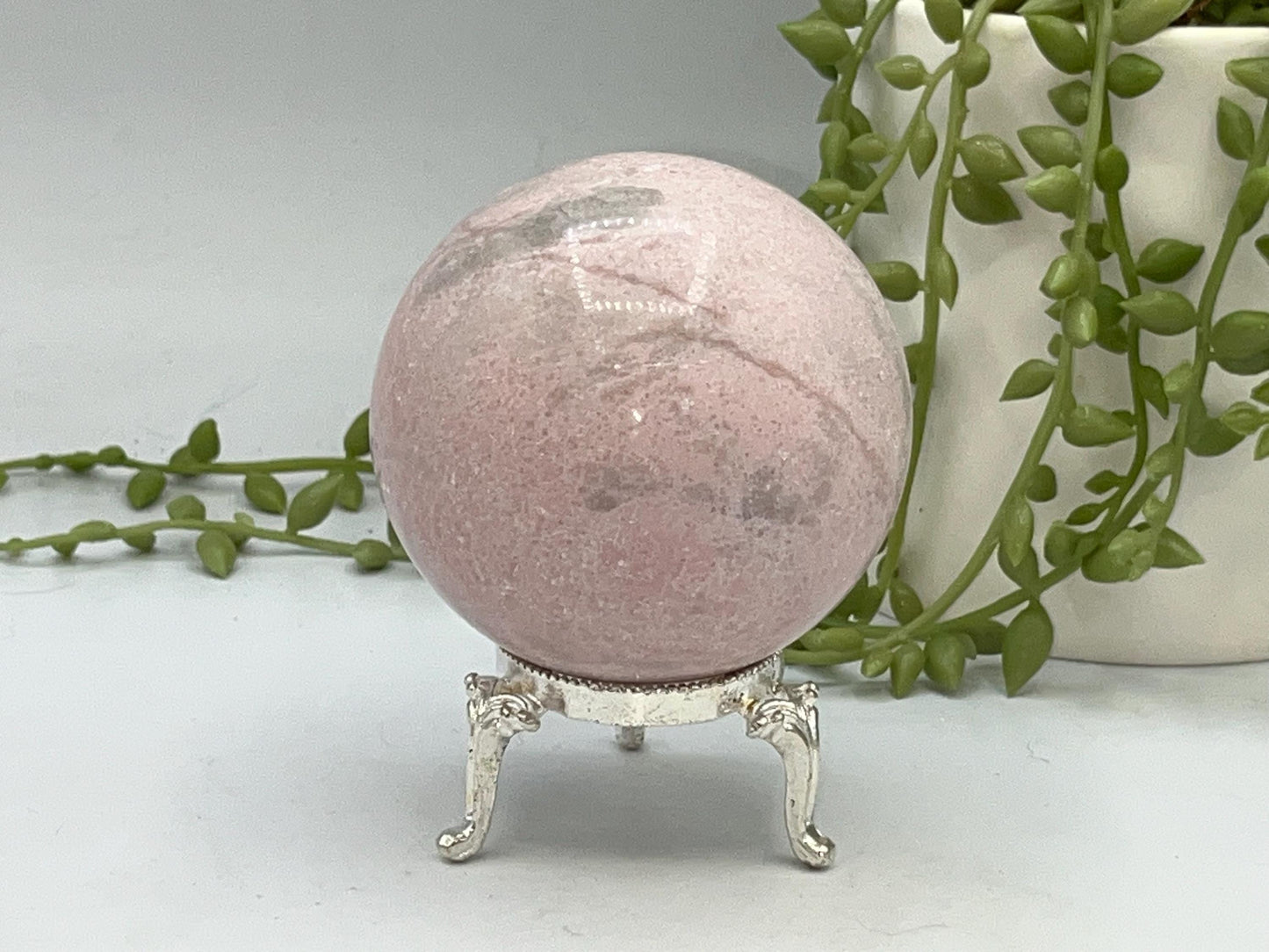 Peruvian Pink Opal sphere, (B) Natural Crystal, 6.6cm in diameter, Peppermint Candy sphere, heart chakra, perfect for anxiety & self healing