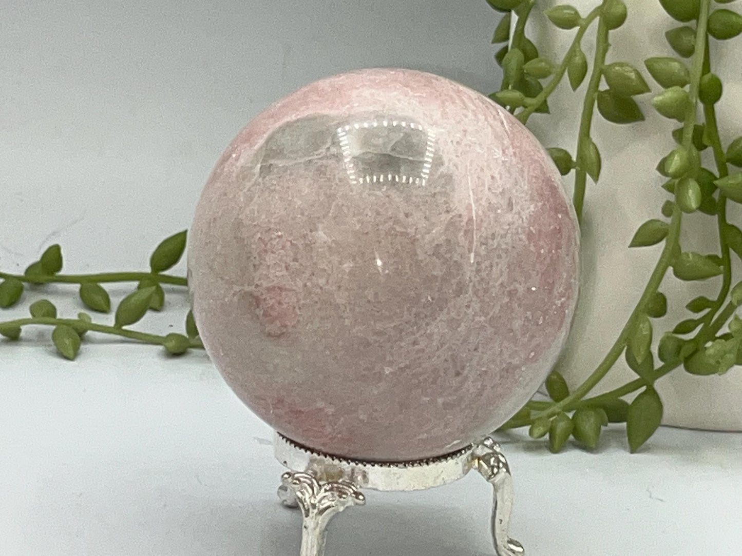 Peruvian Pink Opal sphere, (C) Natural Crystal, 6.9cm in diameter, Peppermint Candy sphere, heart chakra, perfect for anxiety & self healing