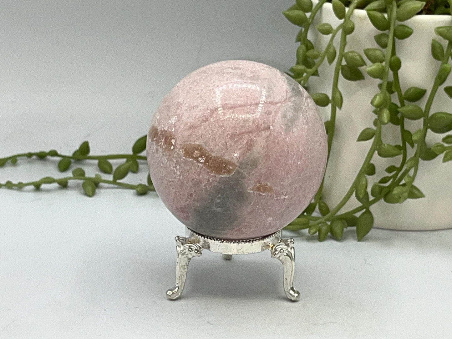 Peruvian Pink Opal sphere, (B) Natural Crystal, 6.6cm in diameter, Peppermint Candy sphere, heart chakra, perfect for anxiety & self healing