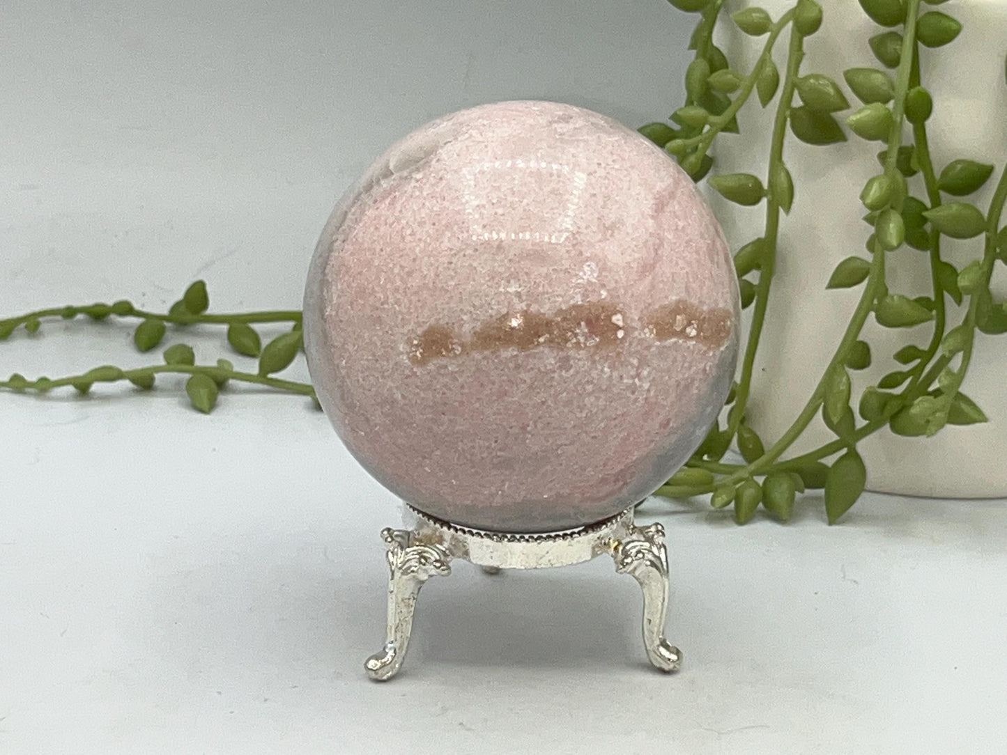 Peruvian Pink Opal sphere, (B) Natural Crystal, 6.6cm in diameter, Peppermint Candy sphere, heart chakra, perfect for anxiety & self healing