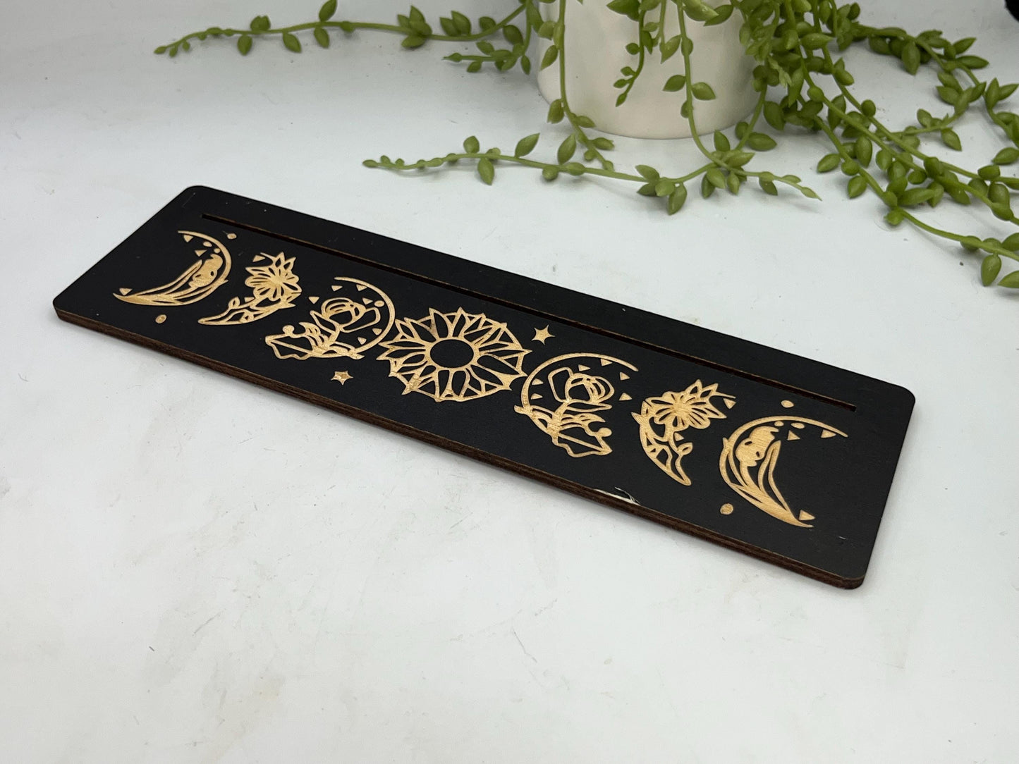 Tarot cards of the day holder. Wooden moon phase & crescent moon phase with flowers tarot/oracle card holder, card of the day, altar stand