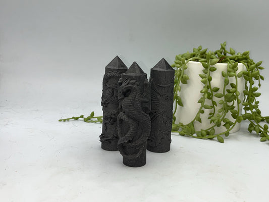 Shungite Chinese style Dragon round tower with pyramid tip.