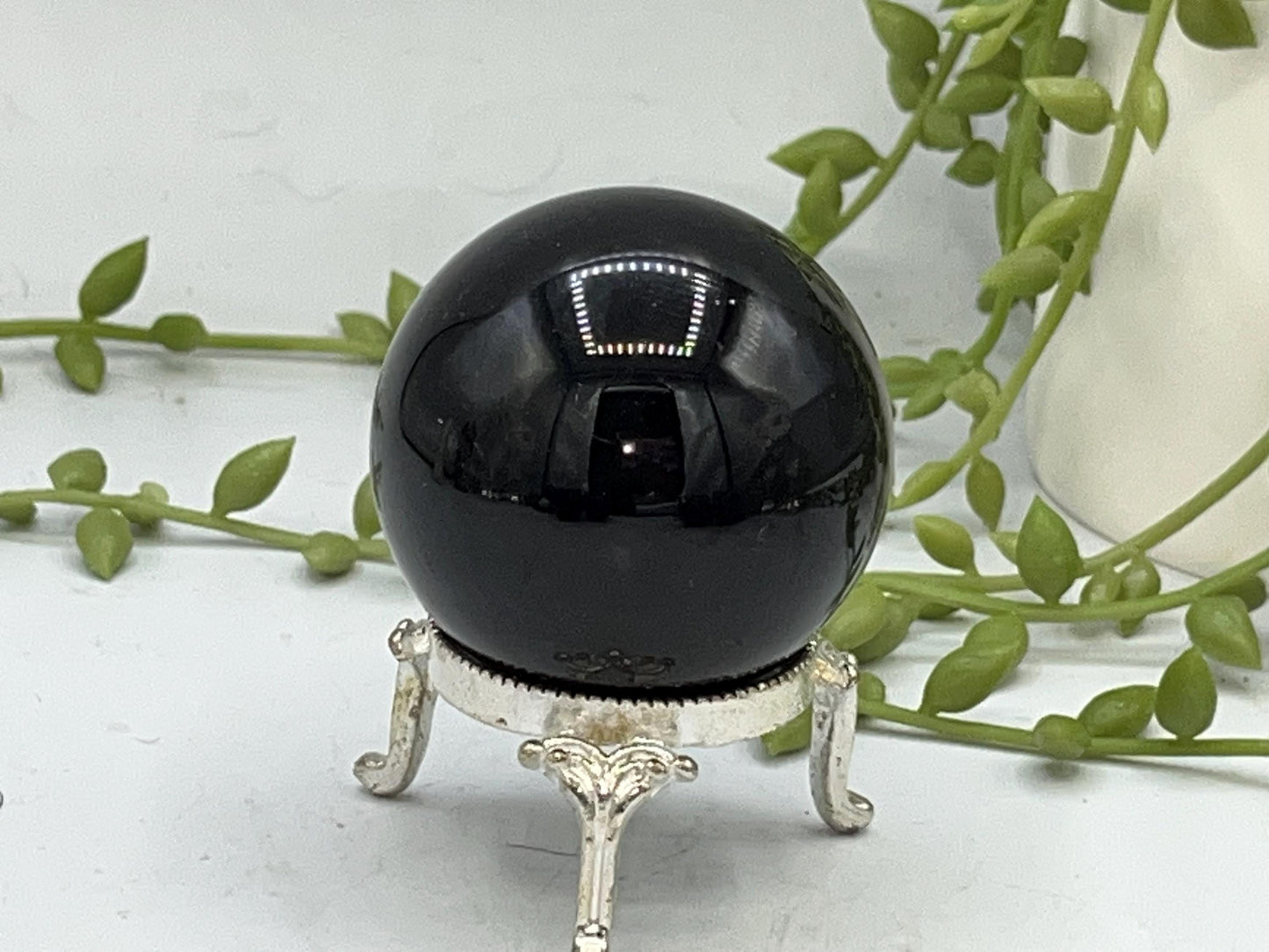 Black Obsidian Sphere, Norse/Celtic style tree of life design engraved in metallic silver. Crystal Spheres, home decor, Birthday Gift