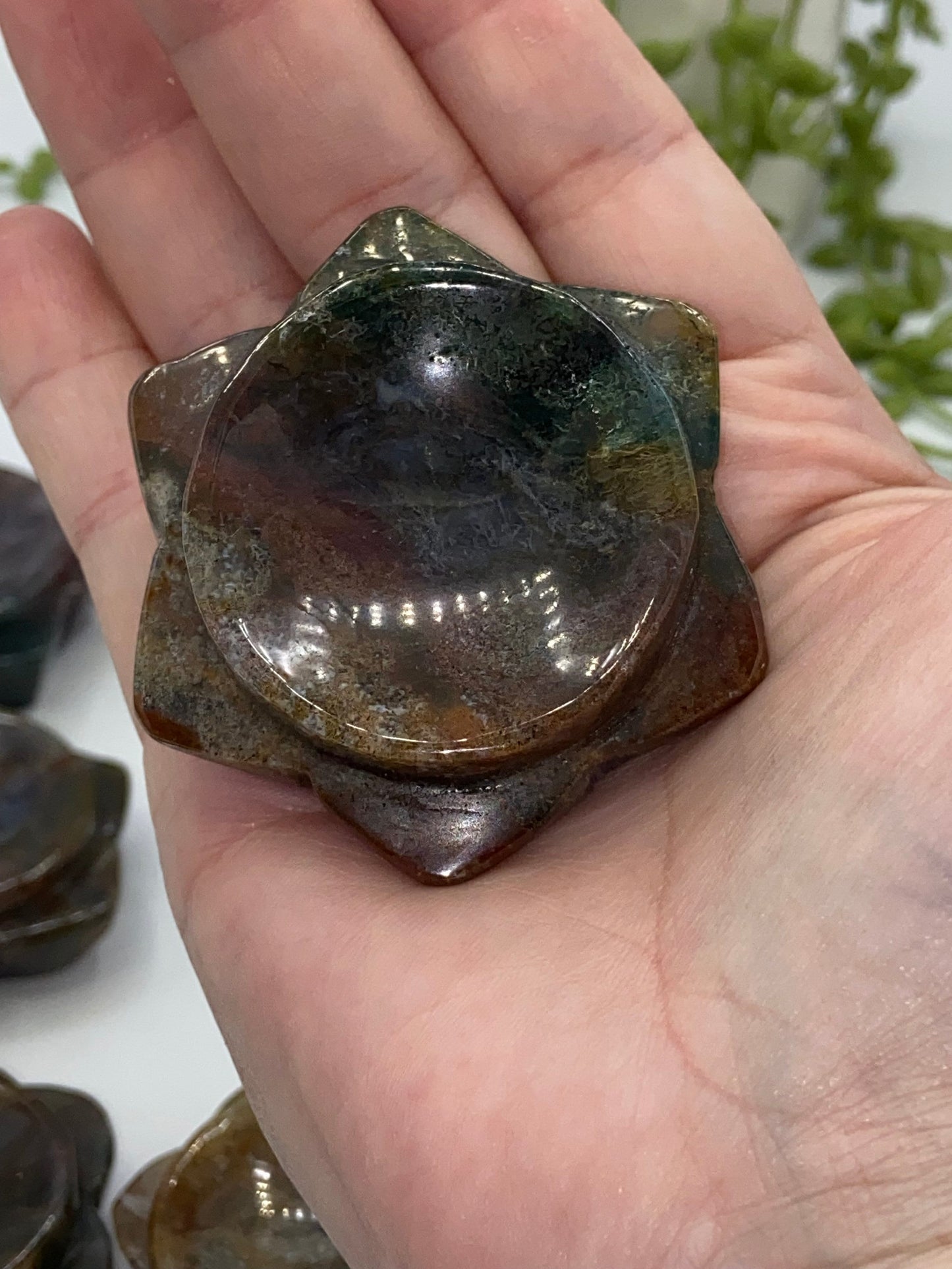 Moss Agate trinket dish/sphere stand, Crystal sphere stand/dish, red, blue, gold, green moss agate, pick your favourite