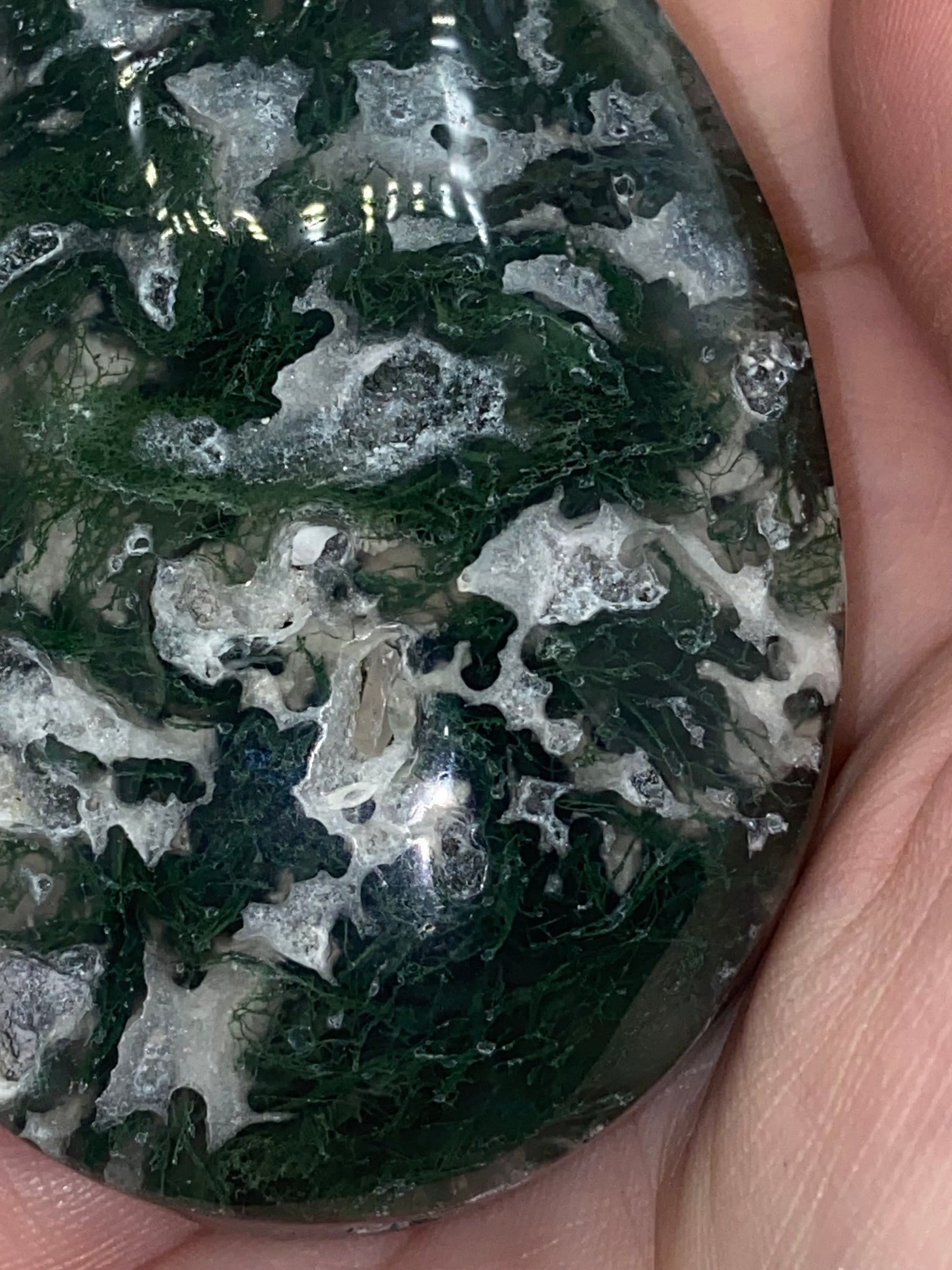 Dark Green Moss Agate Druzy Palm Stone (D) Worry stone, Mocha stone, quartz inclusions