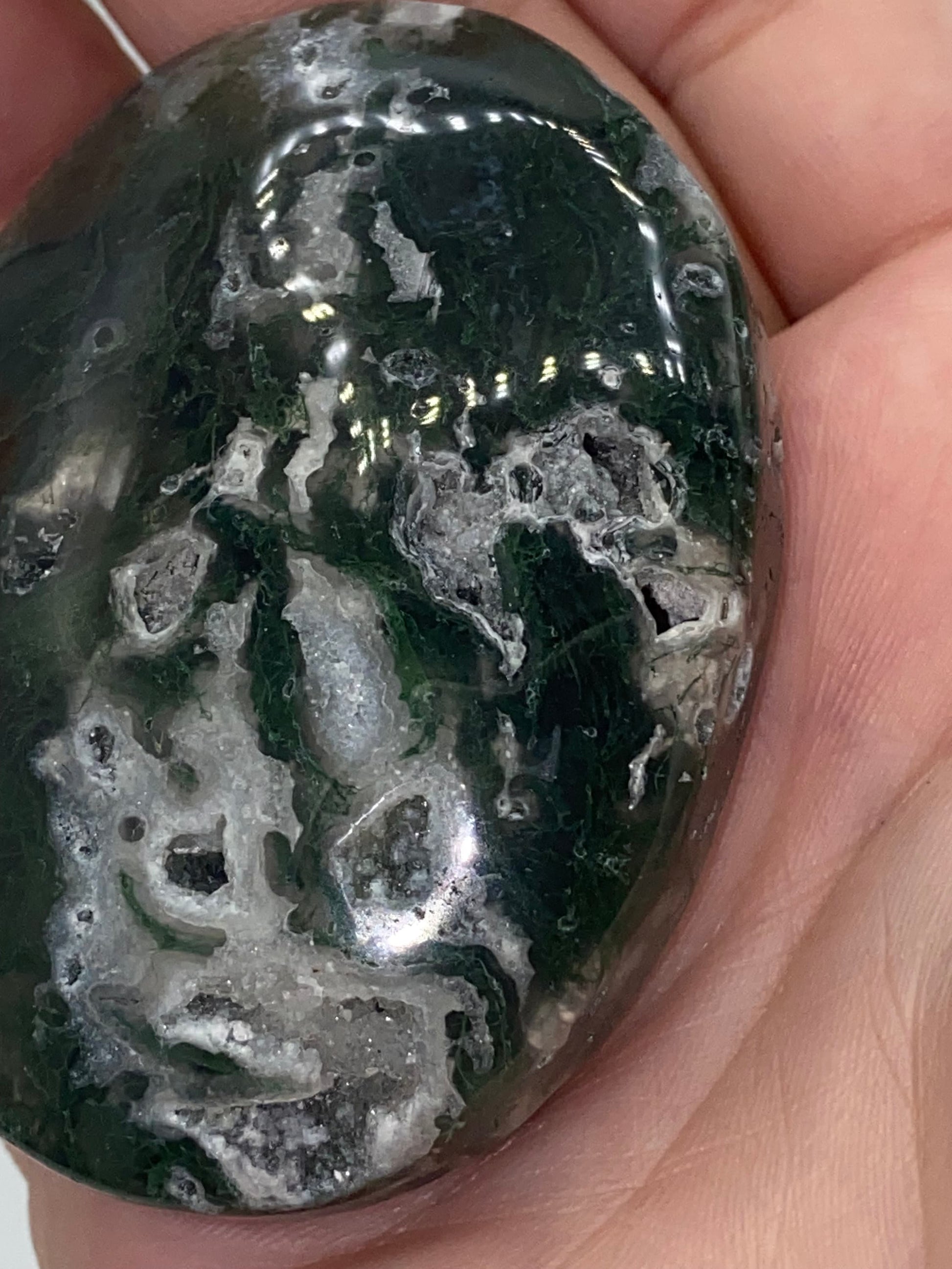 Dark Green Moss Agate Druzy Palm Stone (D) Worry stone, Mocha stone, quartz inclusions