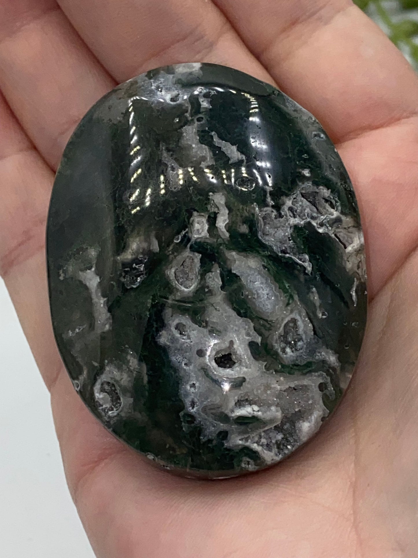 Dark Green Moss Agate Druzy Palm Stone (D) Worry stone, Mocha stone, quartz inclusions