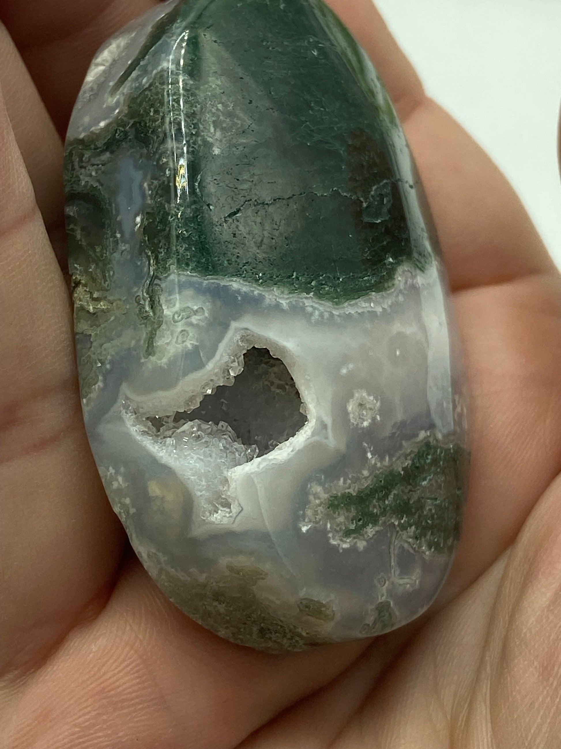 Dark Green Moss Agate Druzy Palm Stone (E) Worry stone, Mocha stone, quartz inclusions