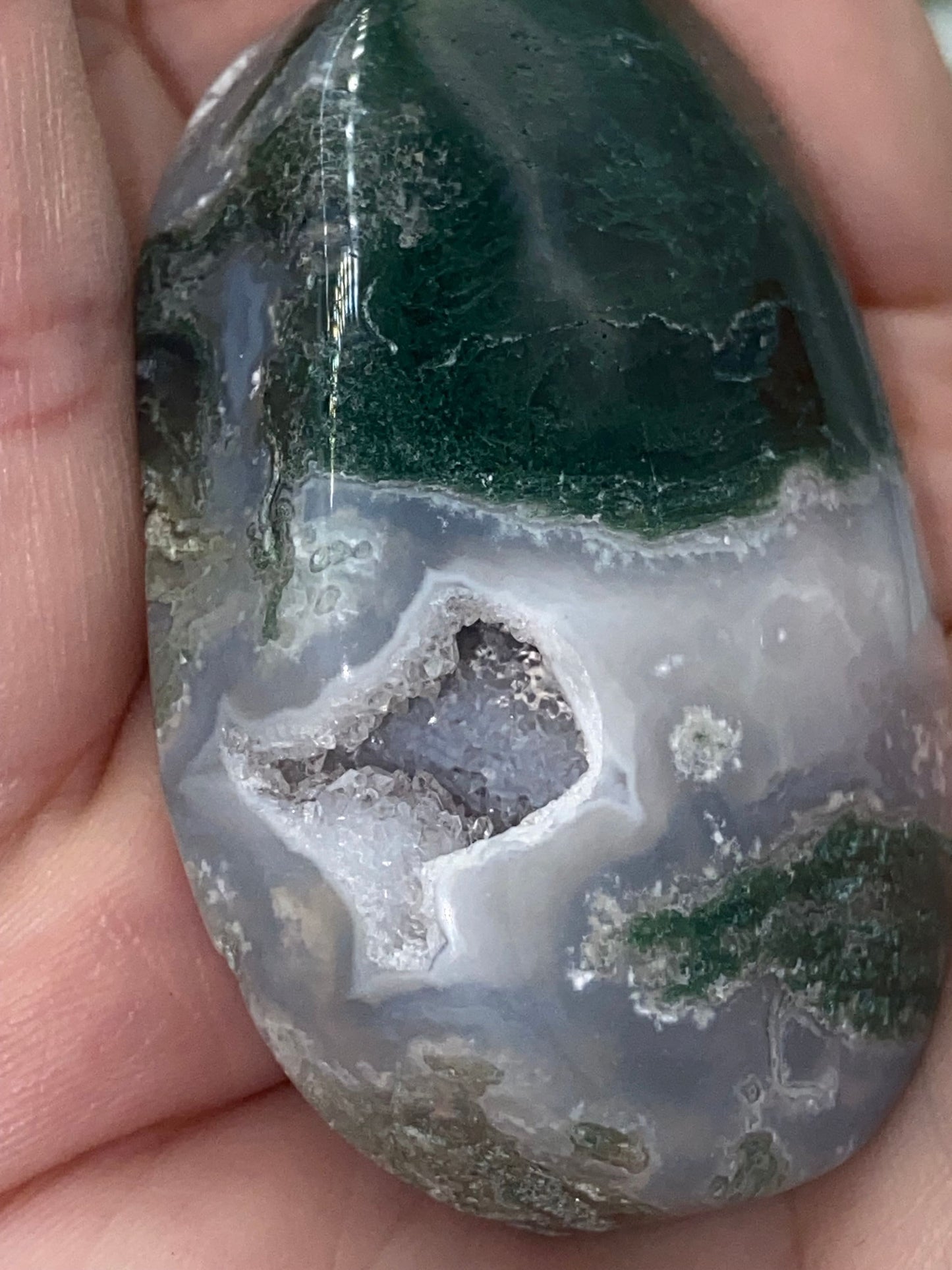 Dark Green Moss Agate Druzy Palm Stone (E) Worry stone, Mocha stone, quartz inclusions