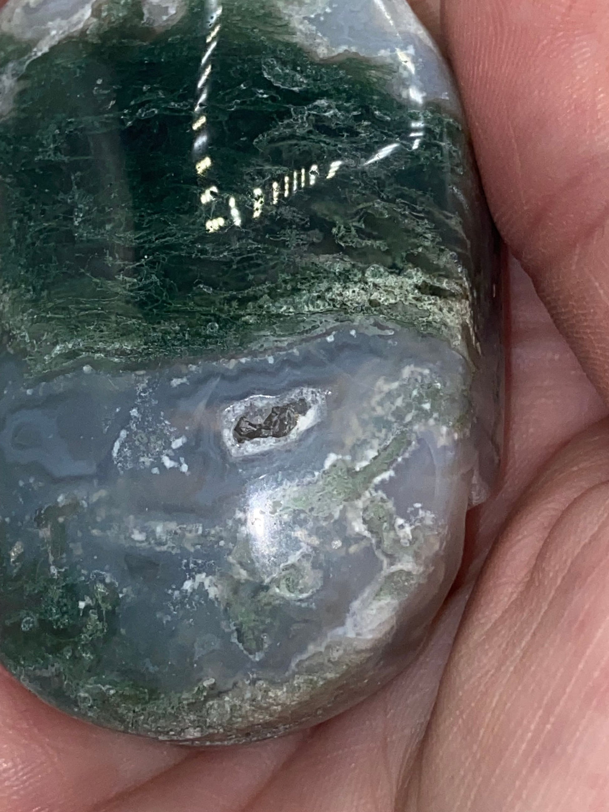 Dark Green Moss Agate Druzy Palm Stone (E) Worry stone, Mocha stone, quartz inclusions