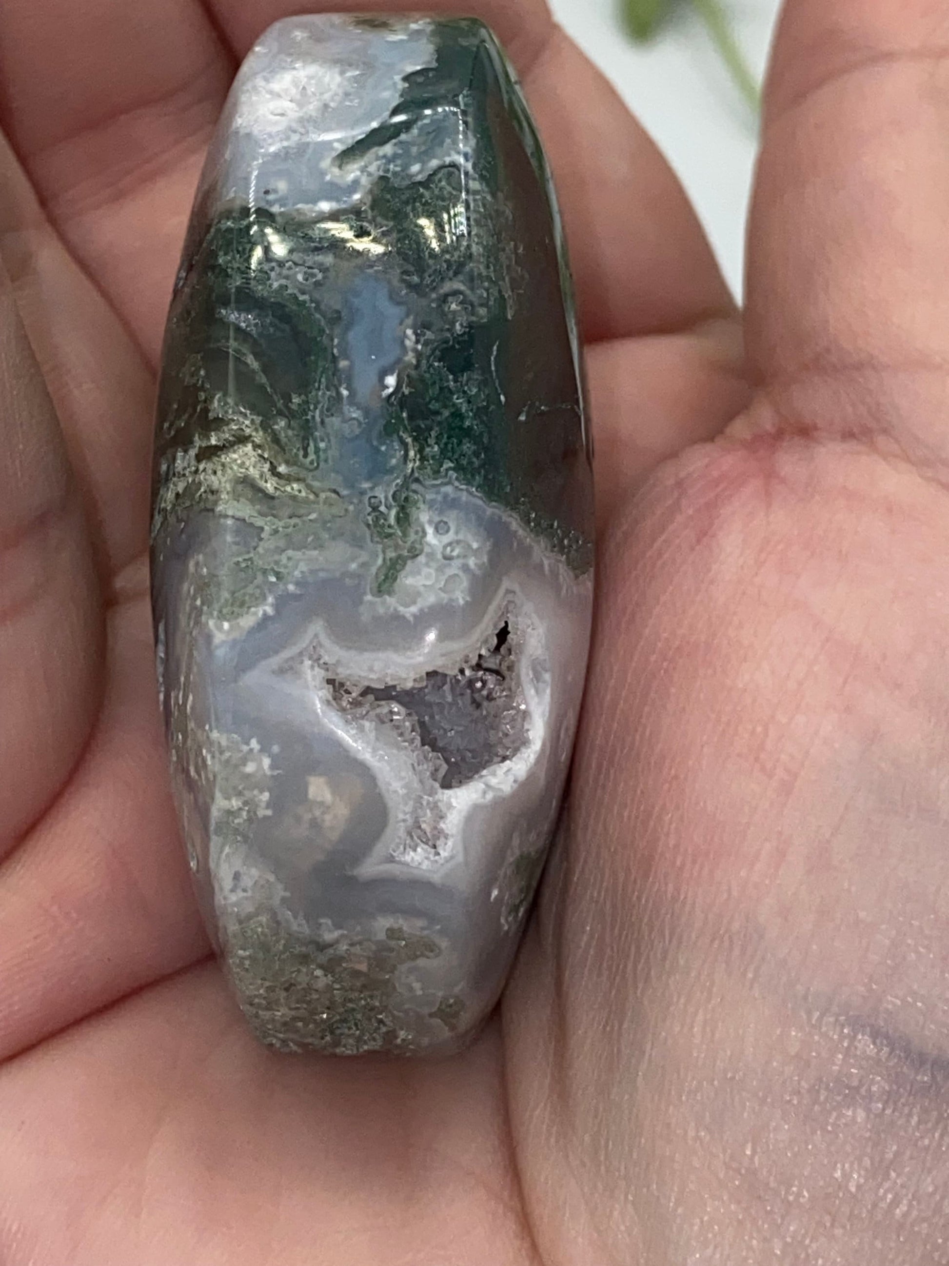Dark Green Moss Agate Druzy Palm Stone (E) Worry stone, Mocha stone, quartz inclusions