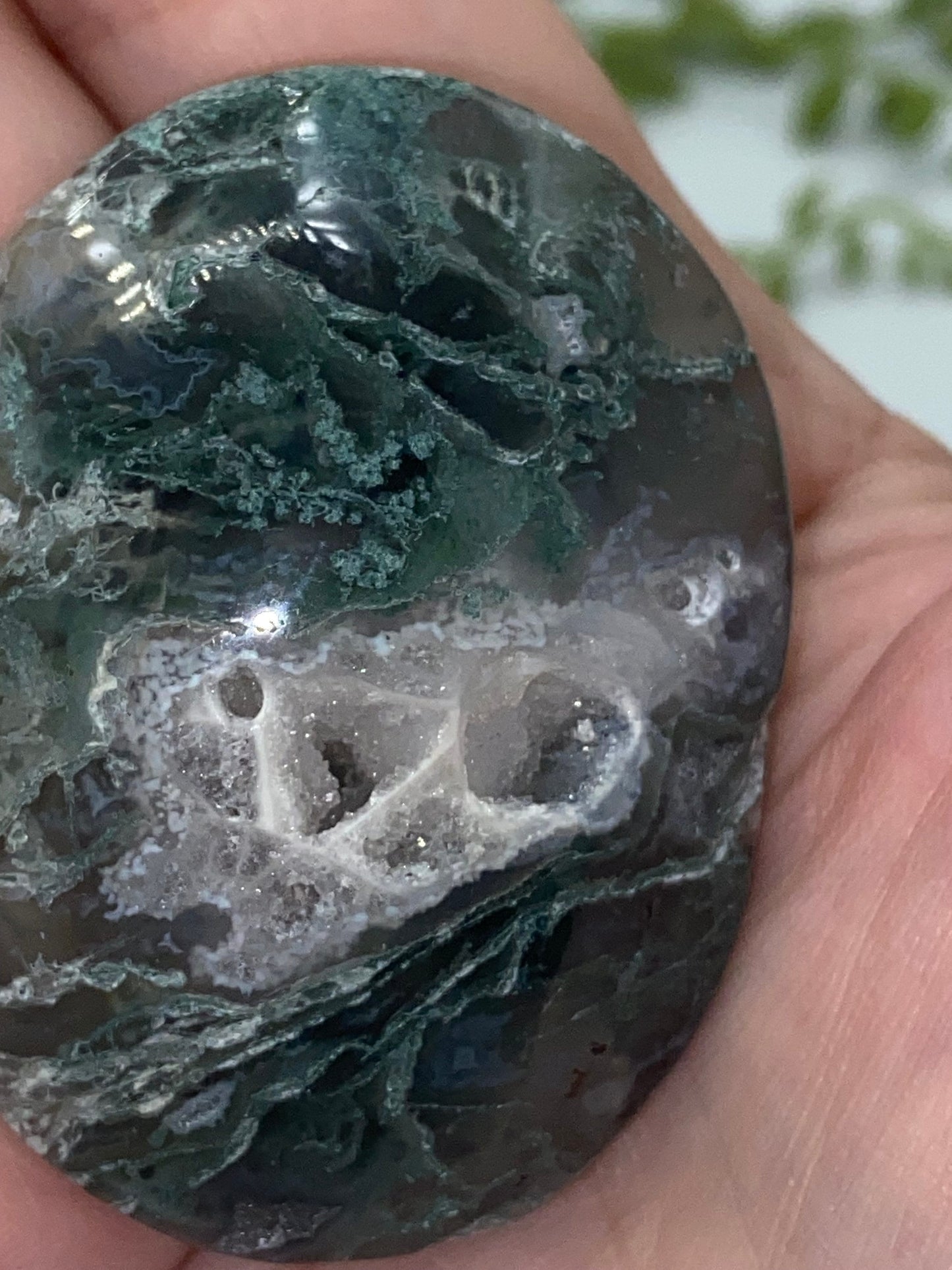 Dark Green Moss Agate Druzy Palm Stone (F) Worry stone, Mocha stone, quartz inclusions