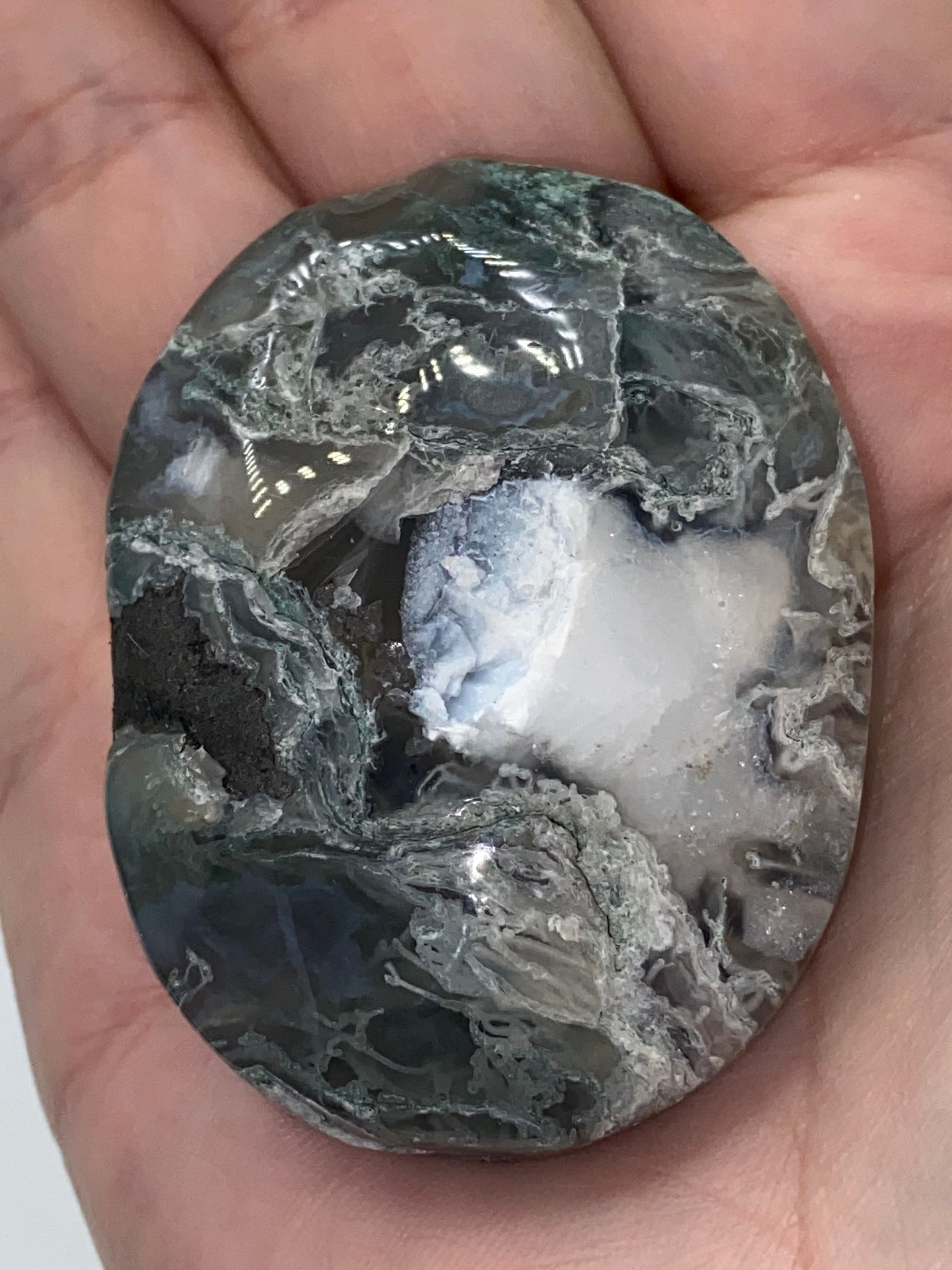 Dark Green Moss Agate Druzy Palm Stone (F) Worry stone, Mocha stone, quartz inclusions