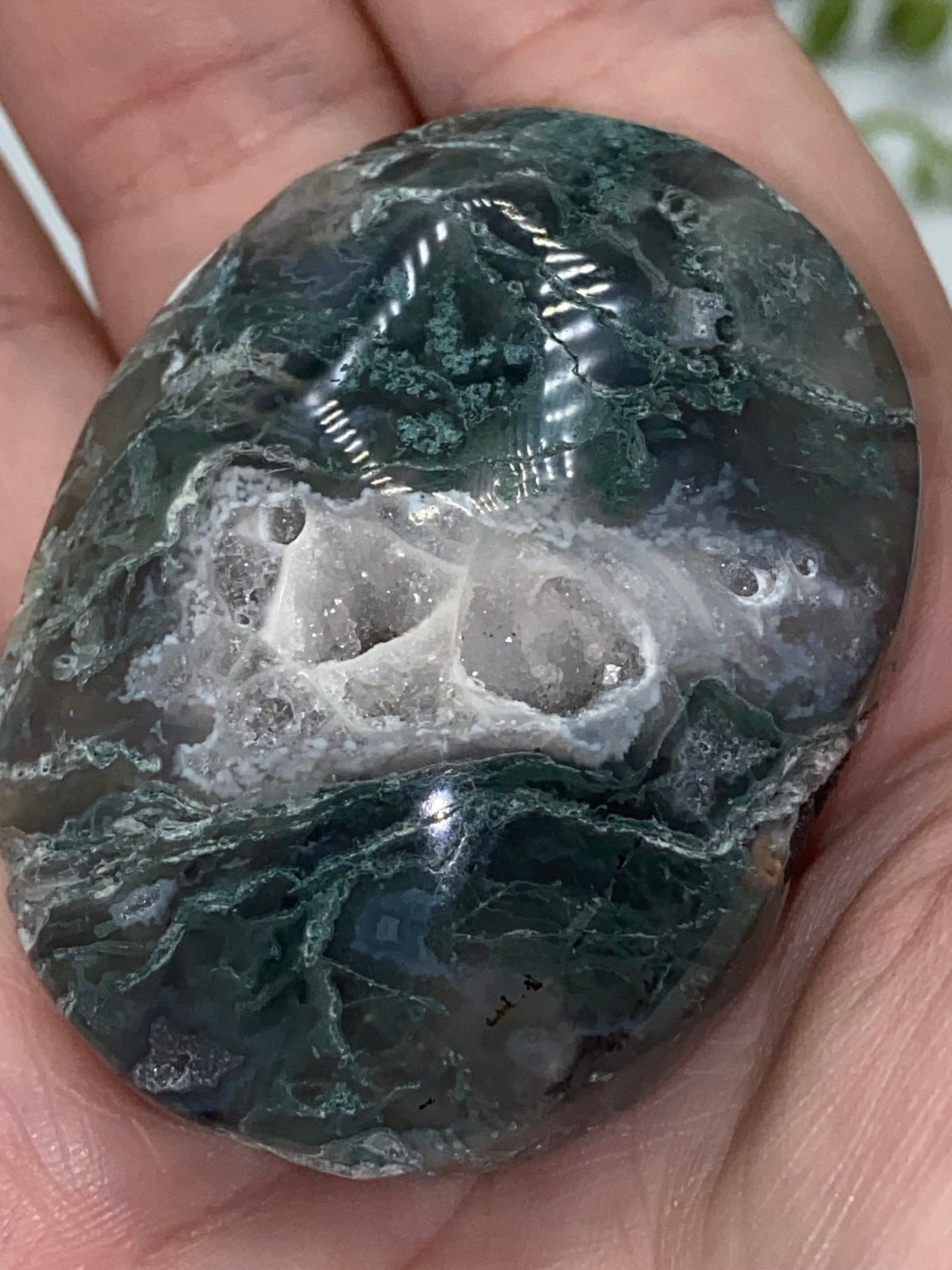 Dark Green Moss Agate Druzy Palm Stone (F) Worry stone, Mocha stone, quartz inclusions