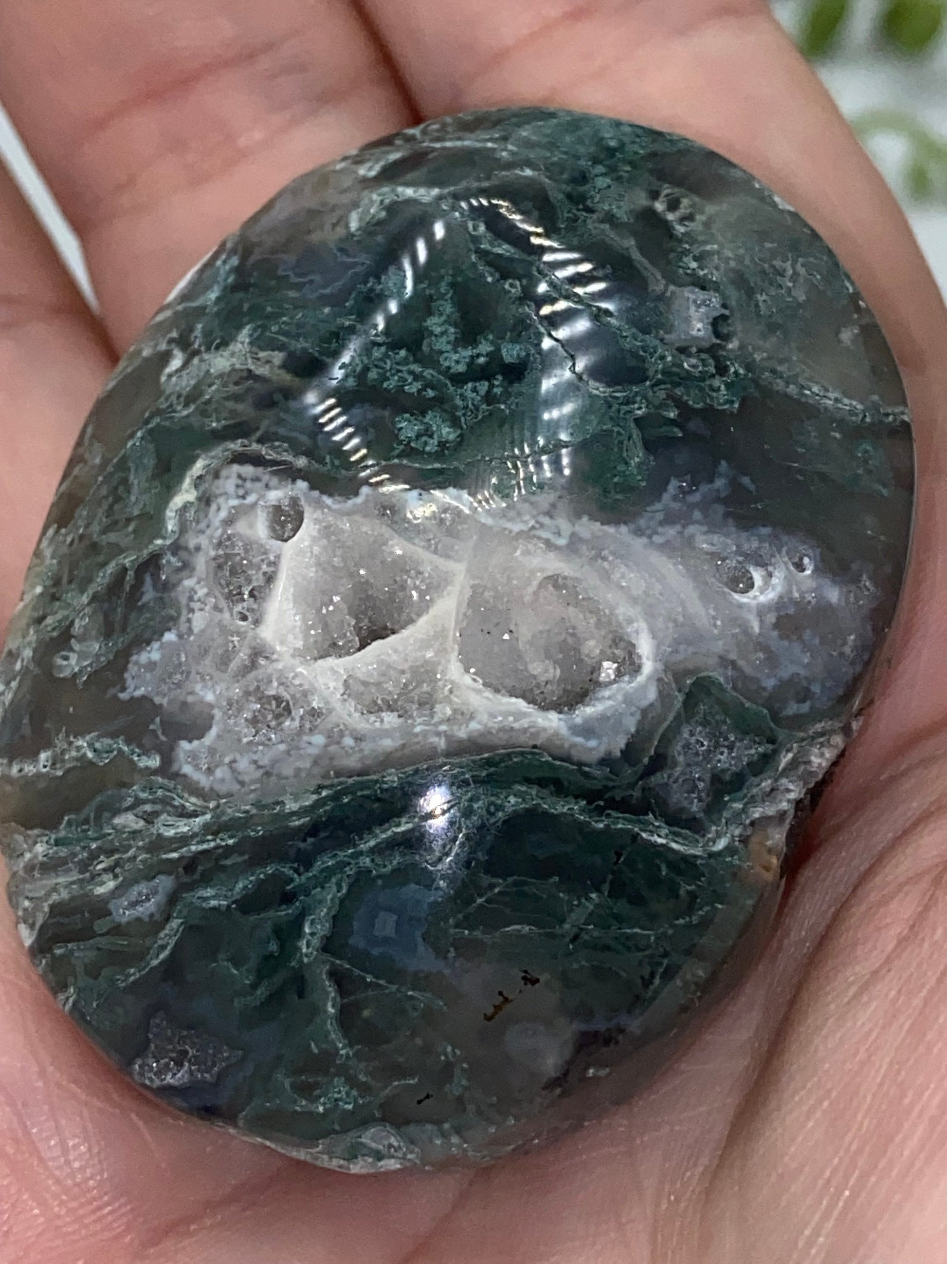 Dark Green Moss Agate Druzy Palm Stone (F) Worry stone, Mocha stone, quartz inclusions