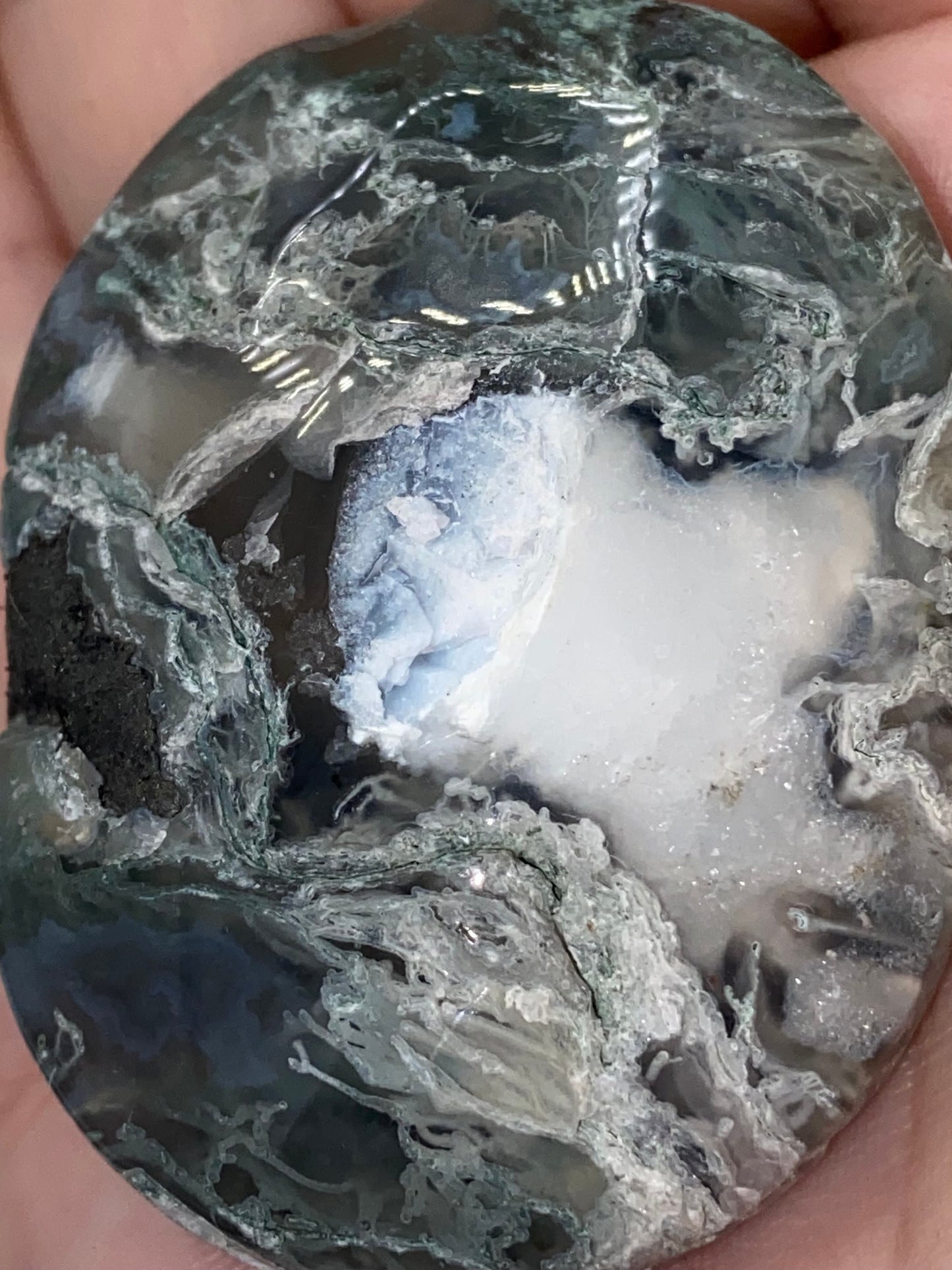Dark Green Moss Agate Druzy Palm Stone (F) Worry stone, Mocha stone, quartz inclusions