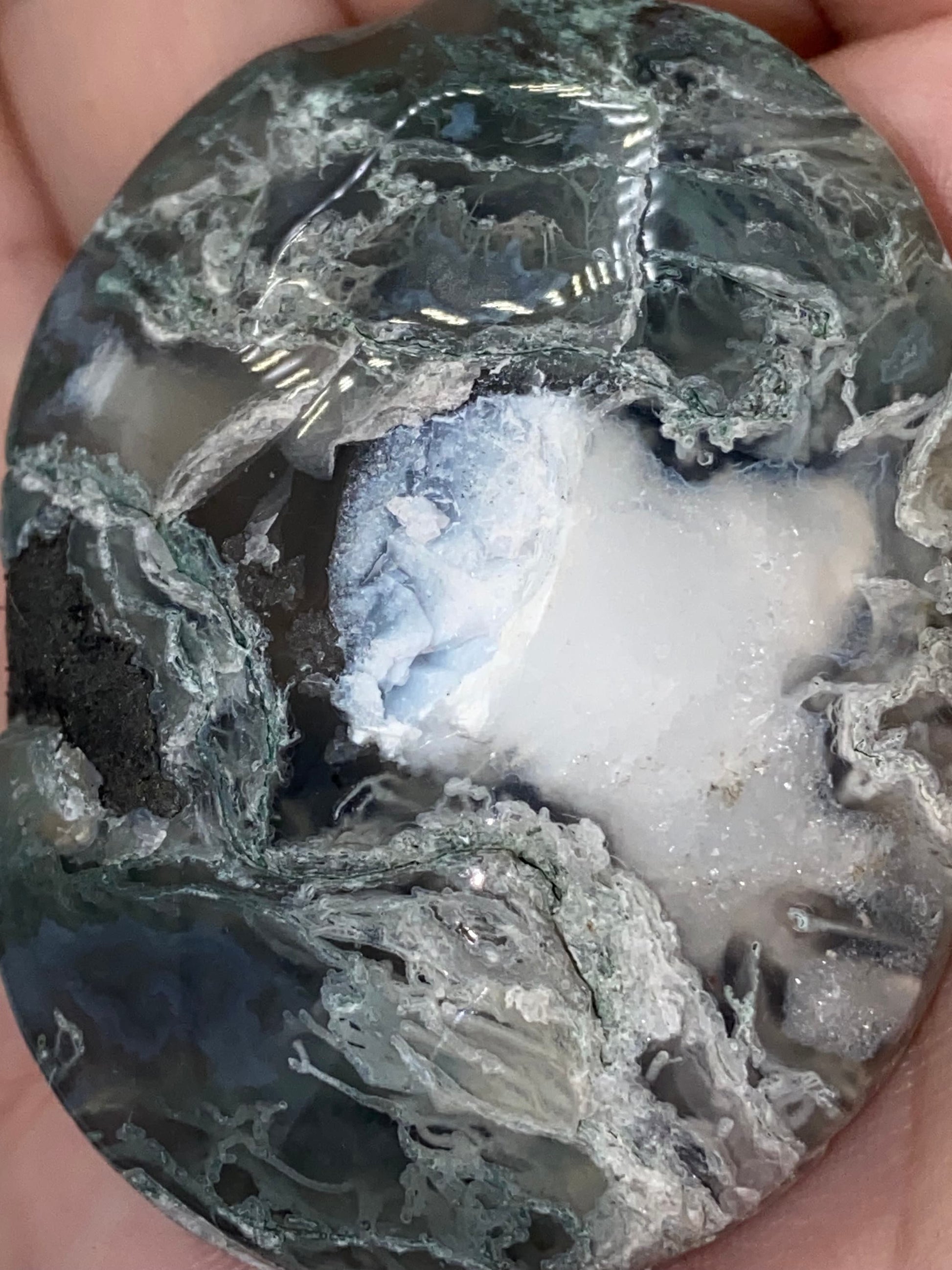 Dark Green Moss Agate Druzy Palm Stone (F) Worry stone, Mocha stone, quartz inclusions
