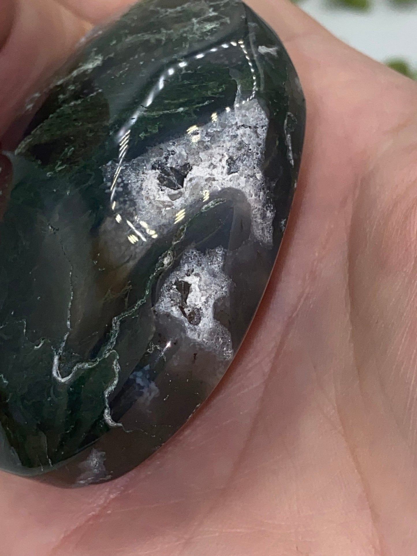 Dark Green Moss Agate Druzy Palm Stone (H) Worry stone, Mocha stone, quartz inclusions