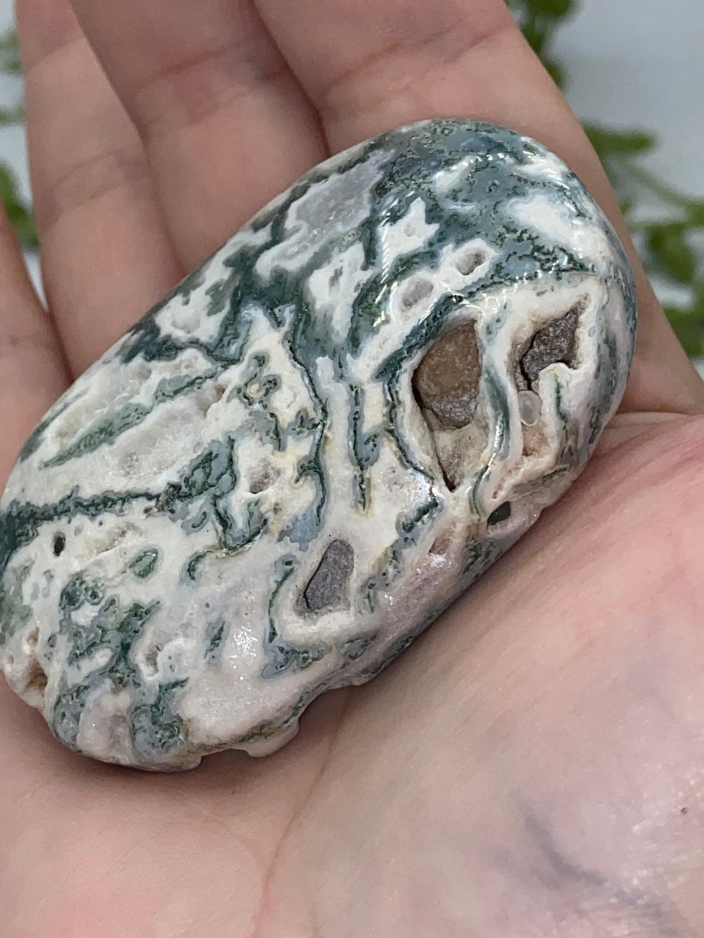 Light White With Green Moss Agate Druzy Palm Stone (E) Worry stone, Mocha stone, quartz inclusions
