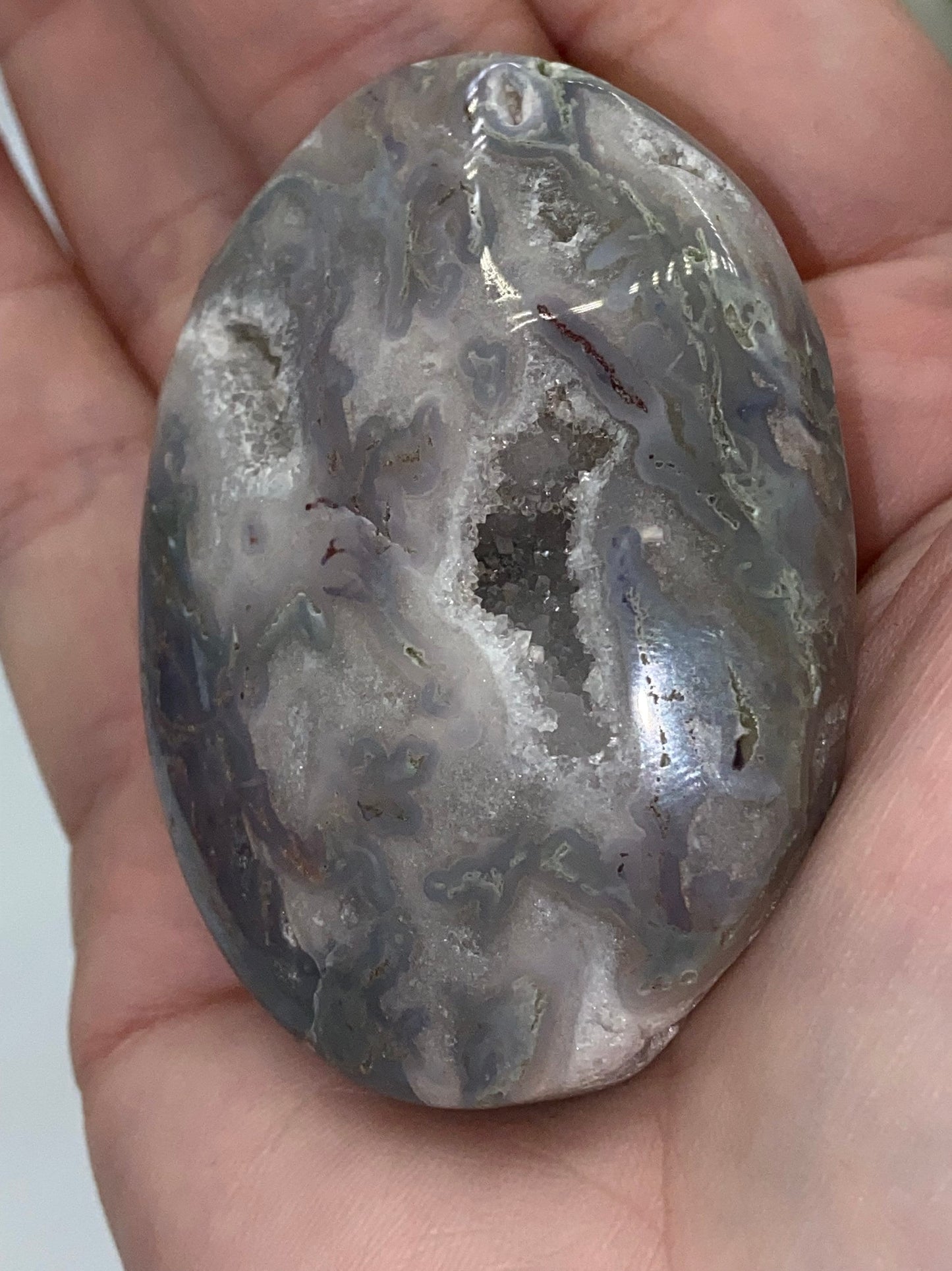 Light Purple and White With Green Moss Agate Druzy Palm Stone (G) Worry stone, Mocha stone, quartz inclusions