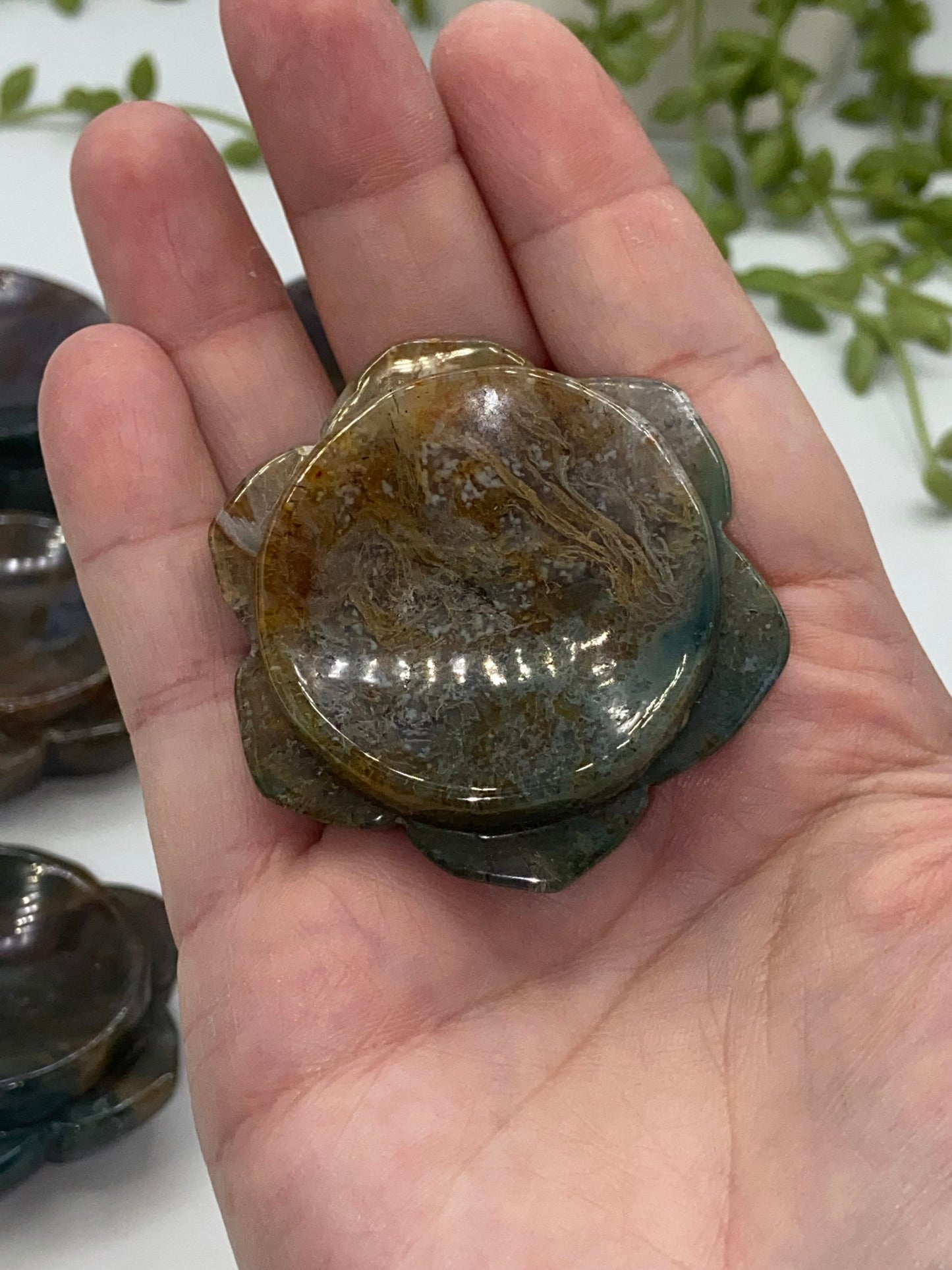 Moss Agate trinket dish/sphere stand, Crystal sphere stand/dish, red, blue, gold, green moss agate, pick your favourite