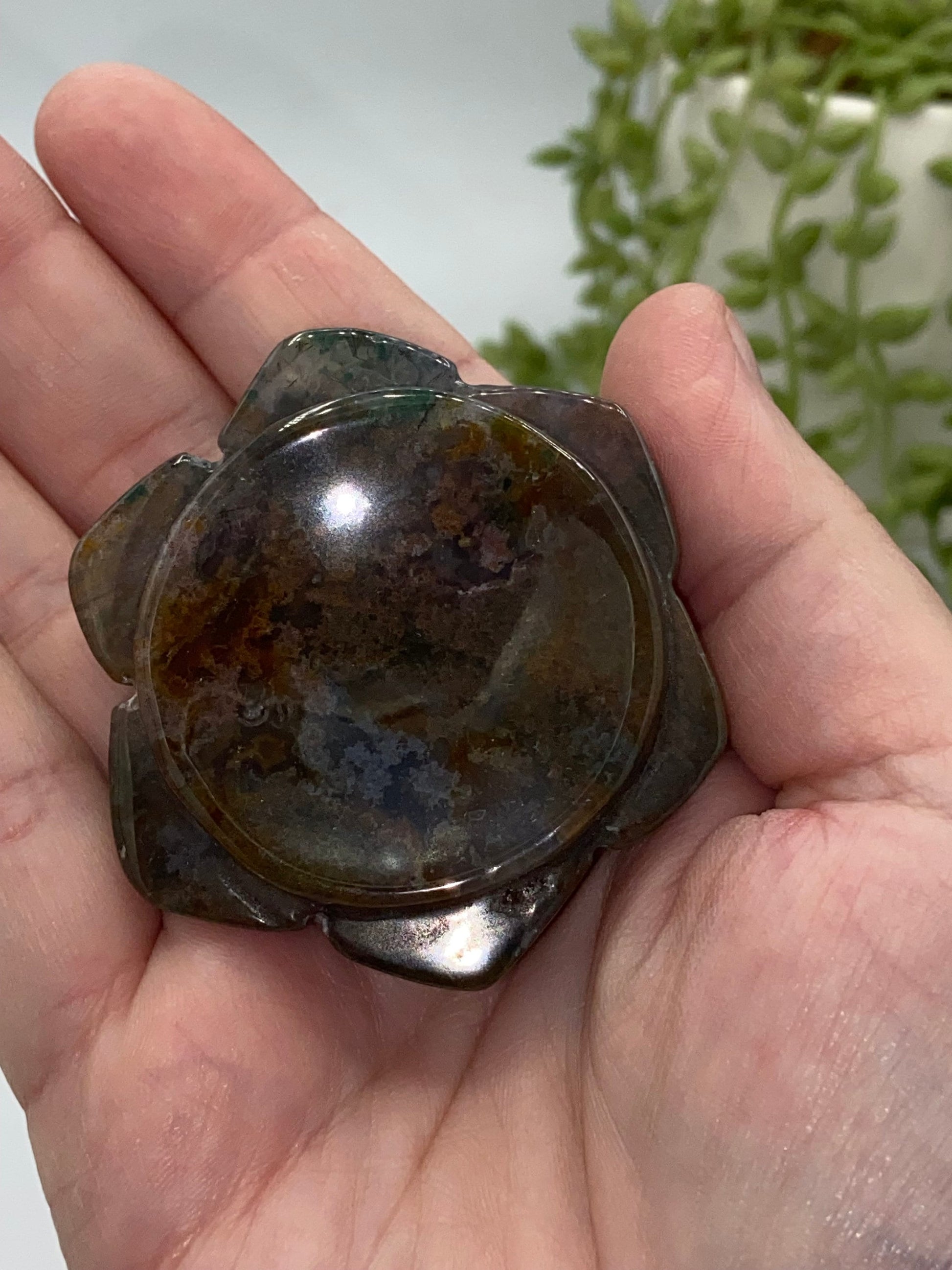 Moss Agate trinket dish/sphere stand, Crystal sphere stand/dish, red, blue, gold, green moss agate, pick your favourite