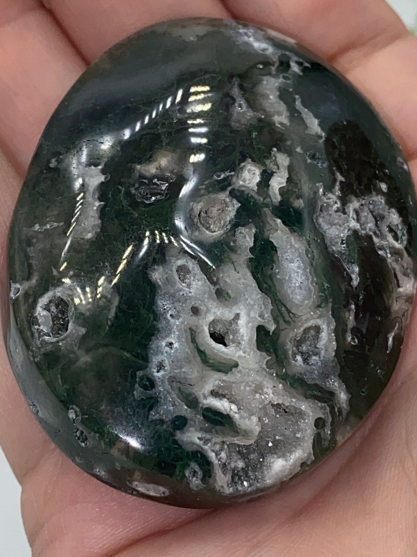 Dark Green Moss Agate Druzy Palm Stone (D) Worry stone, Mocha stone, quartz inclusions