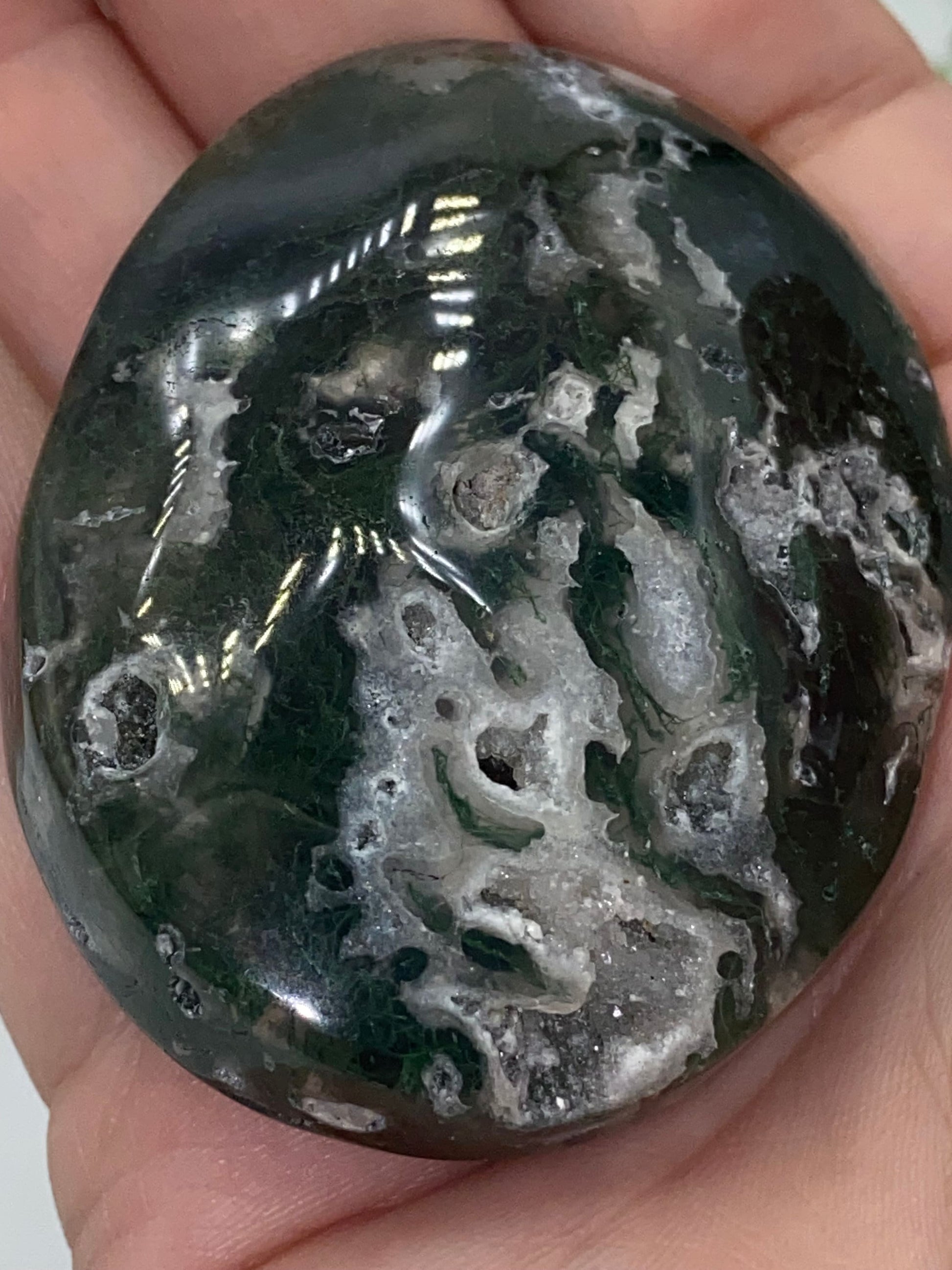 Dark Green Moss Agate Druzy Palm Stone (D) Worry stone, Mocha stone, quartz inclusions