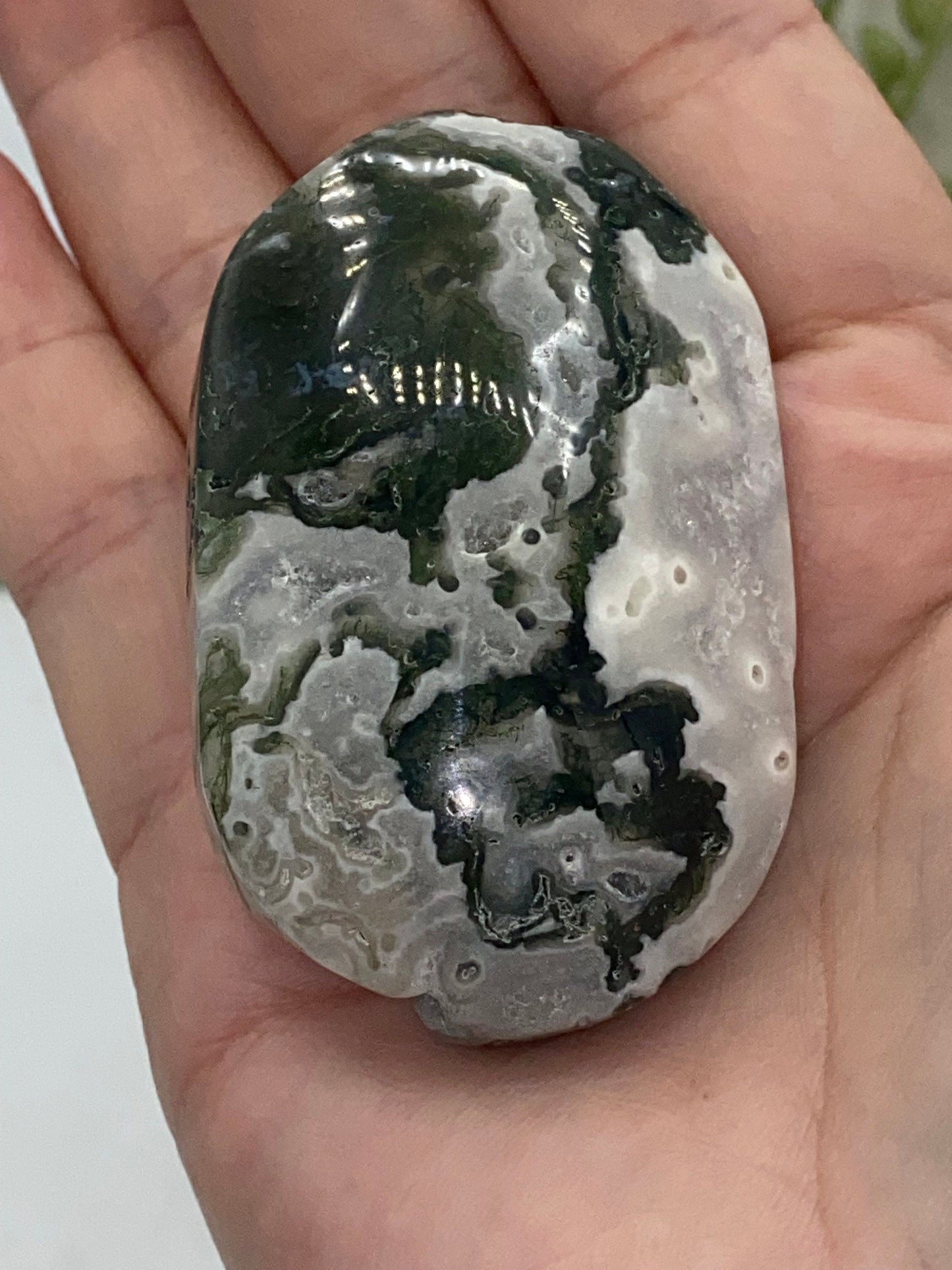 Light White With Green Moss Agate Druzy Palm Stone (B) Worry stone, Mocha stone, quartz inclusions