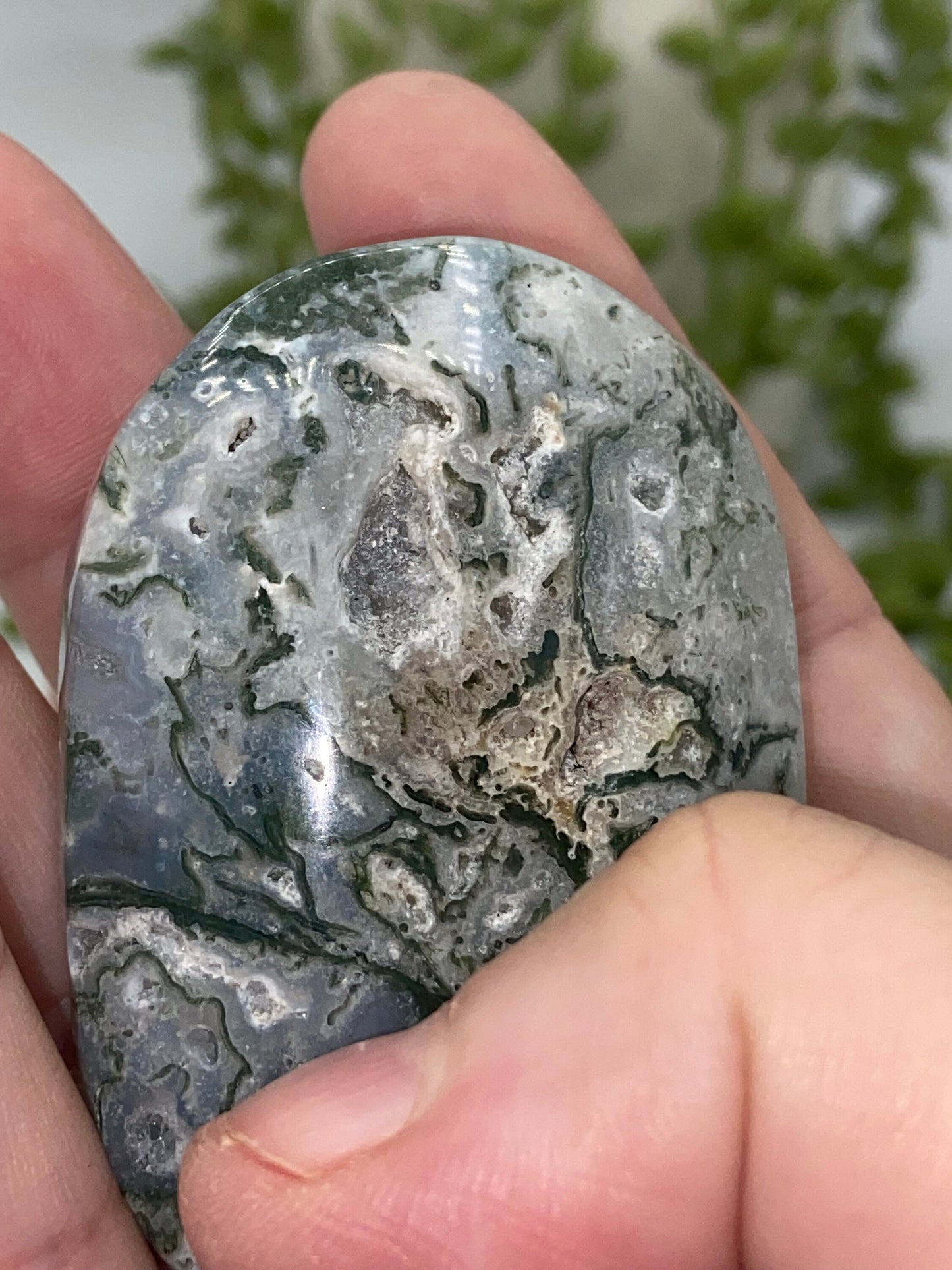 Light White With Green Moss Agate Druzy Palm Stone (D) Worry stone, Mocha stone, quartz inclusions