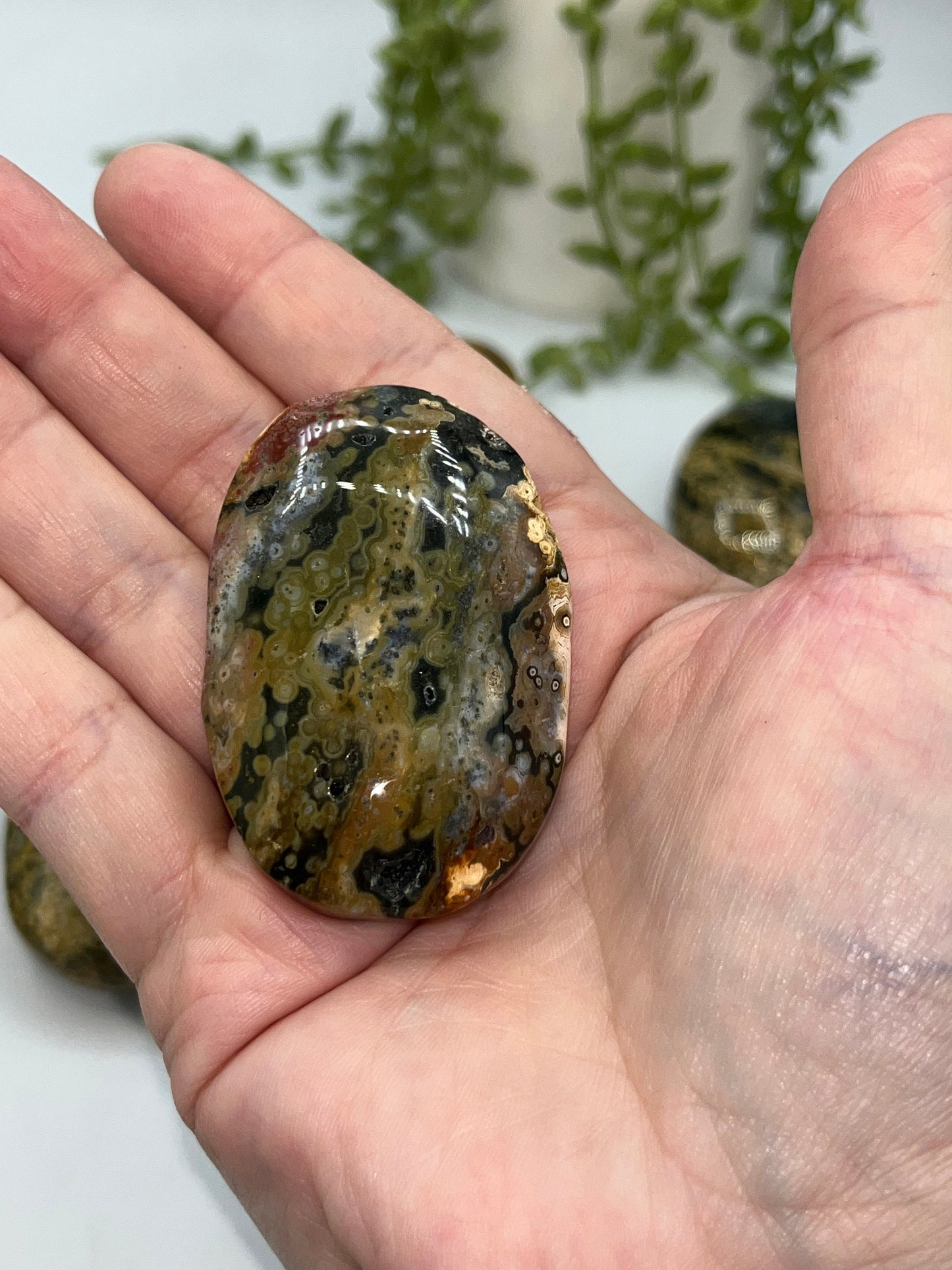 Stunning 8th Vein Jasper palm stones (selection B), Sea Jasper, Ocean Jasper, druzy crystals, quartz inclusions, orbicular jasper,