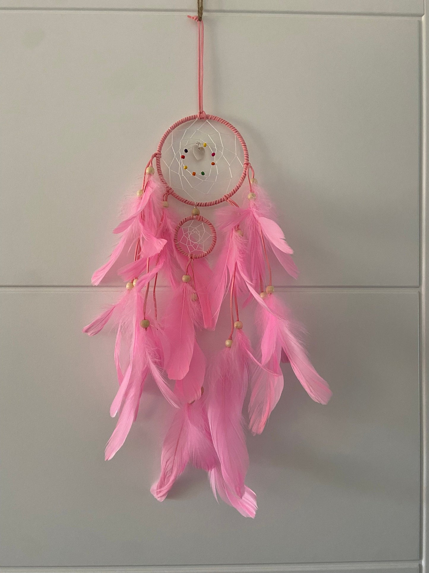 Pink double dream catcher, mother of Pearl heart detail, dreamcatcher, Boho Bedroom Decor, Nursery Wall Decor, Boho, Baby Bedroom, Kids Room