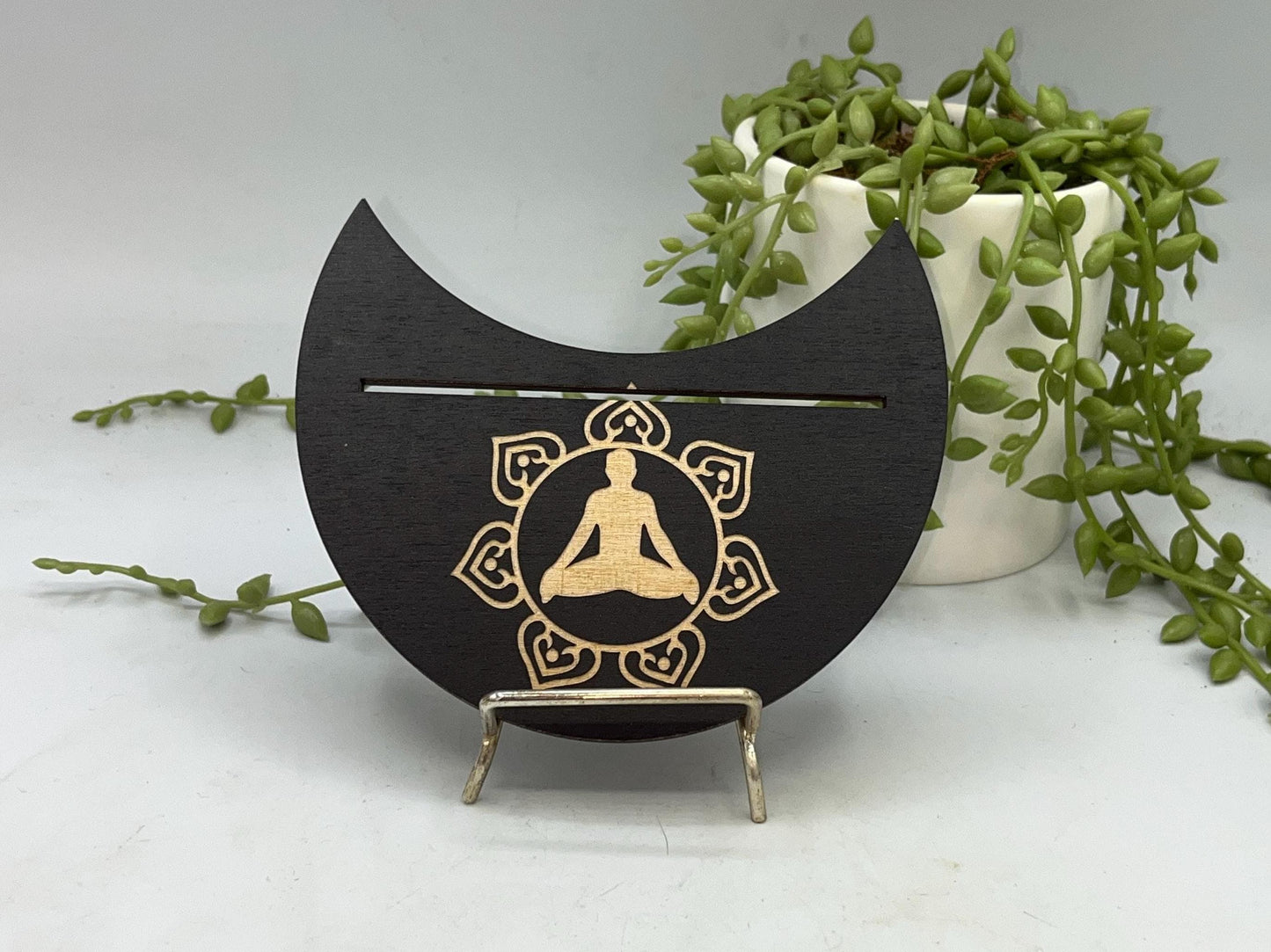 Tarot card of the day holder. Wooden moon shape with lotus flower and yoga silhouette tarot/oracle card holder, card of the day, altar