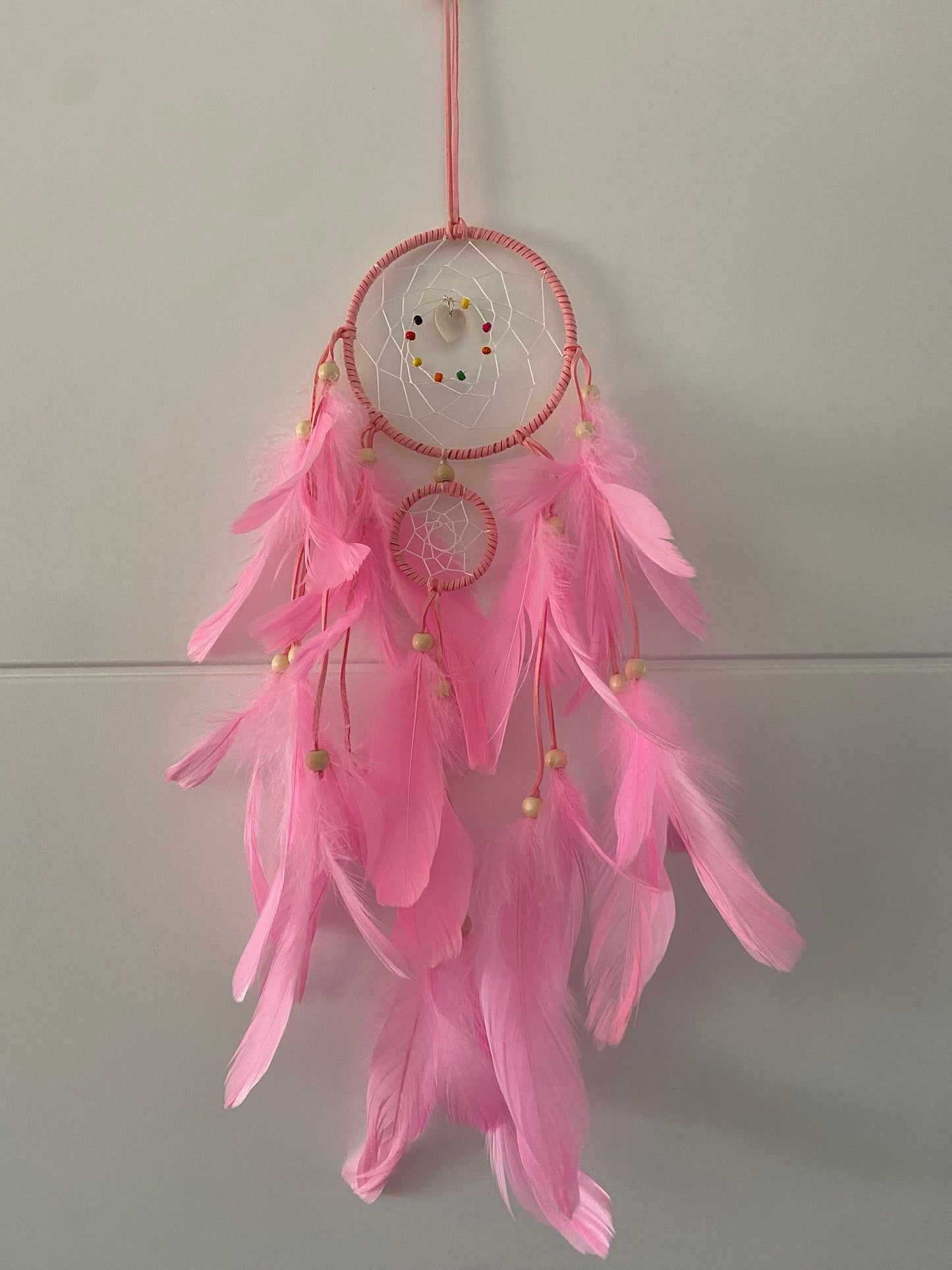 Pink double dream catcher, mother of Pearl heart detail, dreamcatcher, Boho Bedroom Decor, Nursery Wall Decor, Boho, Baby Bedroom, Kids Room