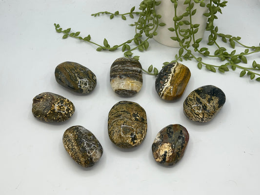 Stunning 8th Vein Jasper palm stones (selection B), Sea Jasper, Ocean Jasper, druzy crystals, quartz inclusions, orbicular jasper,