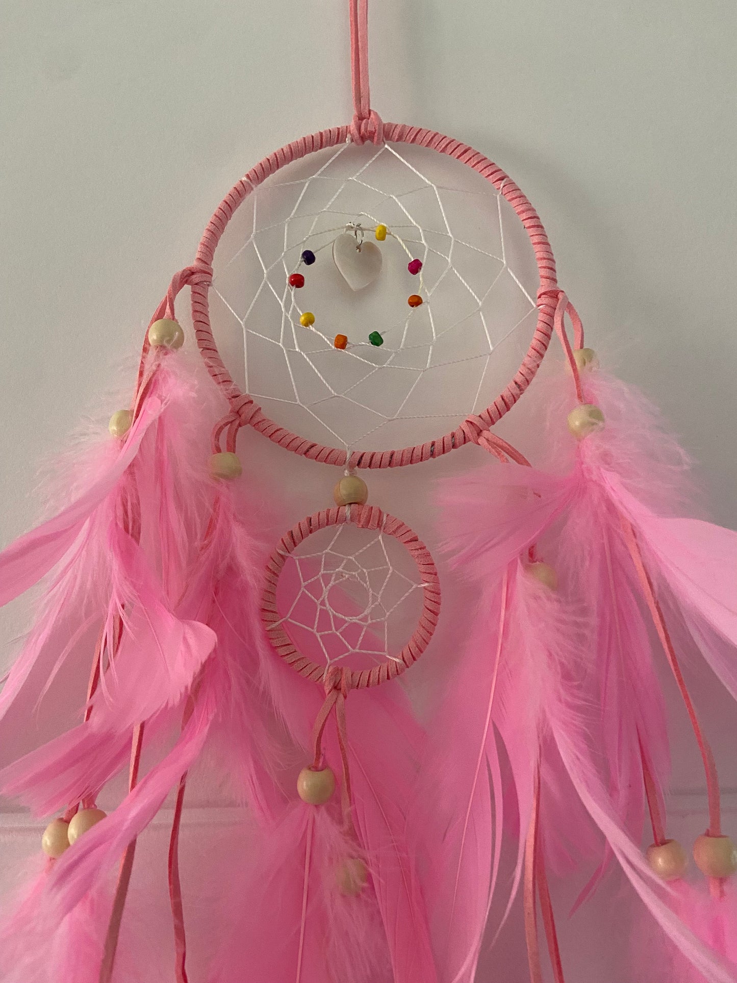 Pink double dream catcher, mother of Pearl heart detail, dreamcatcher, Boho Bedroom Decor, Nursery Wall Decor, Boho, Baby Bedroom, Kids Room