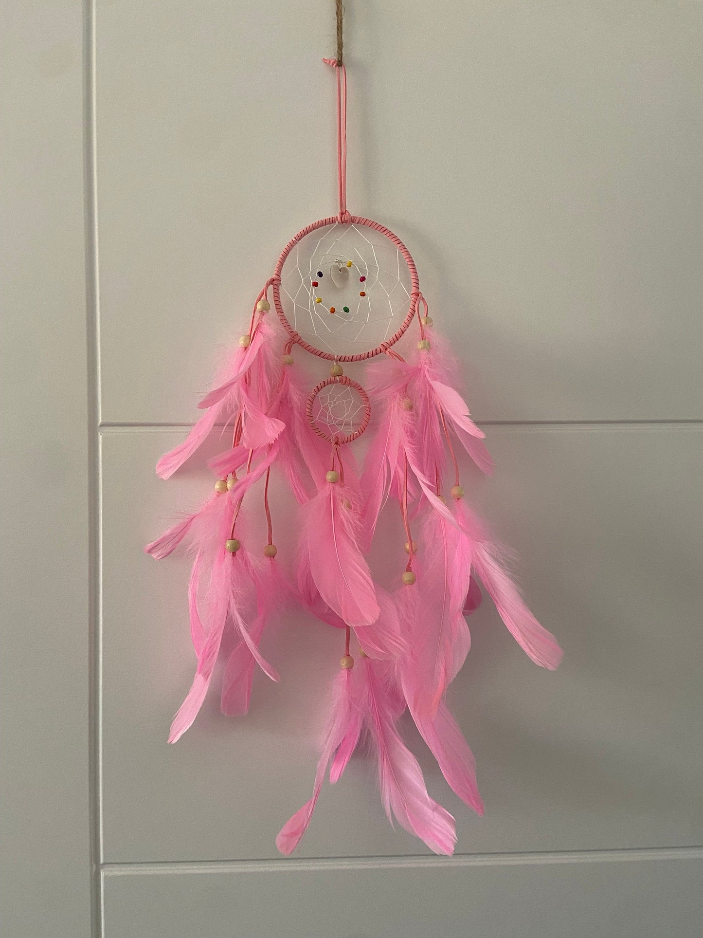 Pink double dream catcher, mother of Pearl heart detail, dreamcatcher, Boho Bedroom Decor, Nursery Wall Decor, Boho, Baby Bedroom, Kids Room