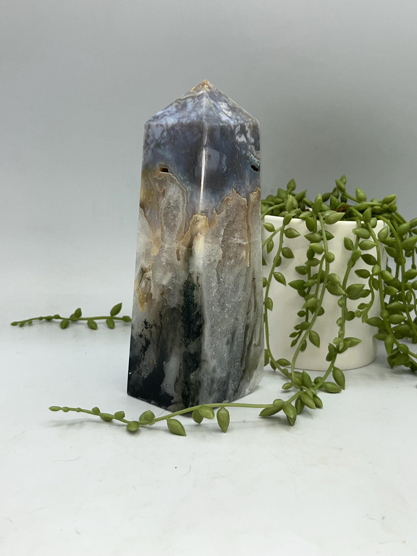 Gorgeous Druzy Moss Agate Tower, Quartz Included Moss Agate. Stone Of Mother Gaia. Mocha Stone. Chalcedony, Dendritic Manganese, Chrome/Iron