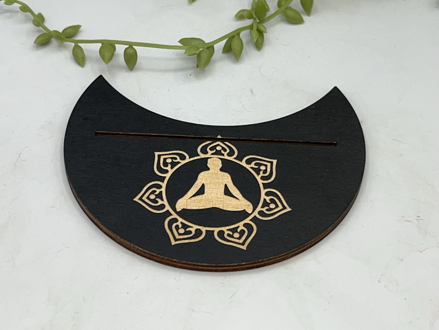 Tarot card of the day holder. Wooden moon shape with lotus flower and yoga silhouette tarot/oracle card holder, card of the day, altar