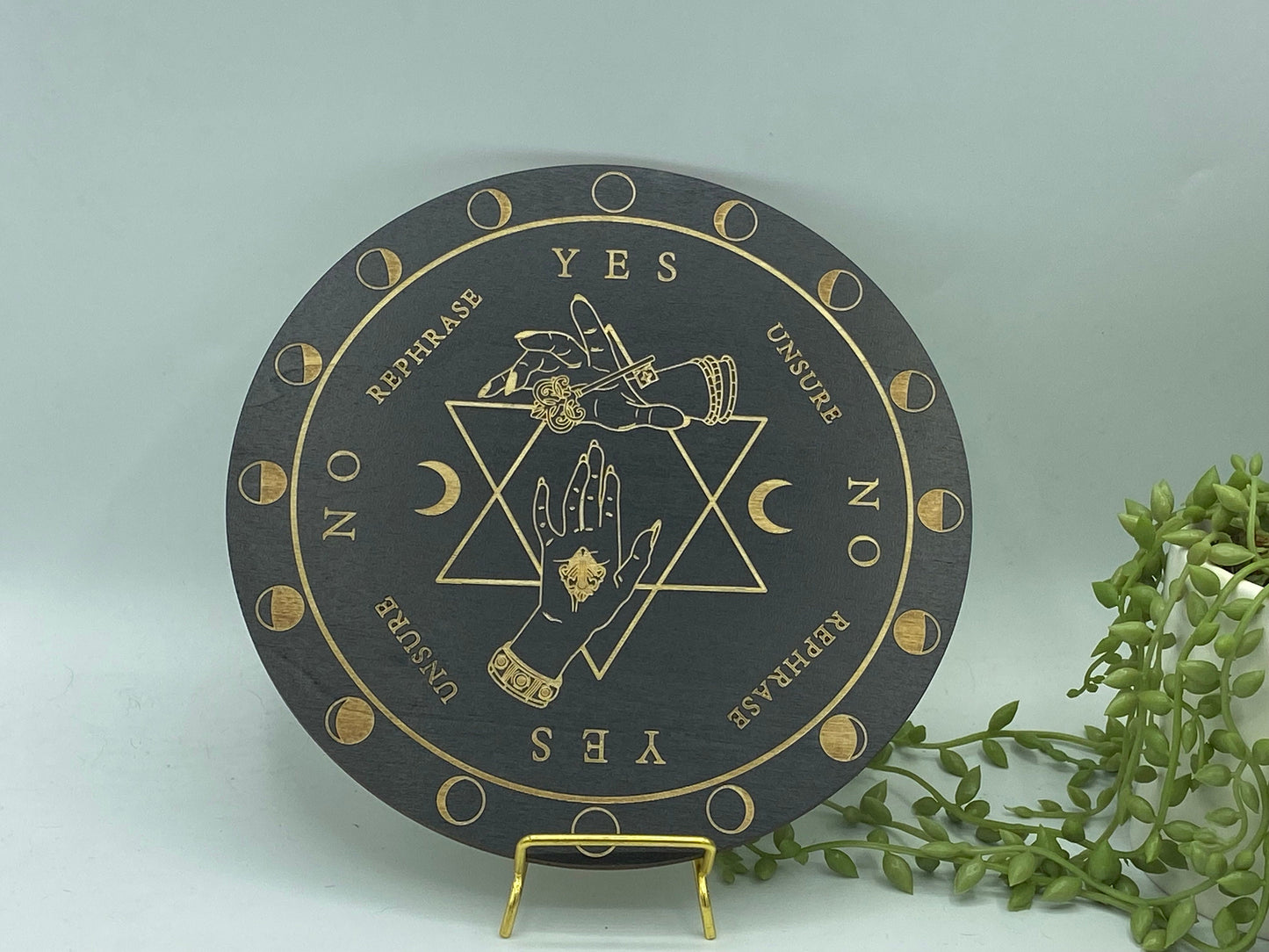 Wooden hexagram/pentagram pattern with hands and a key, sprit/dowsing board, pendulum board, scrying, divination reading, moon phase.