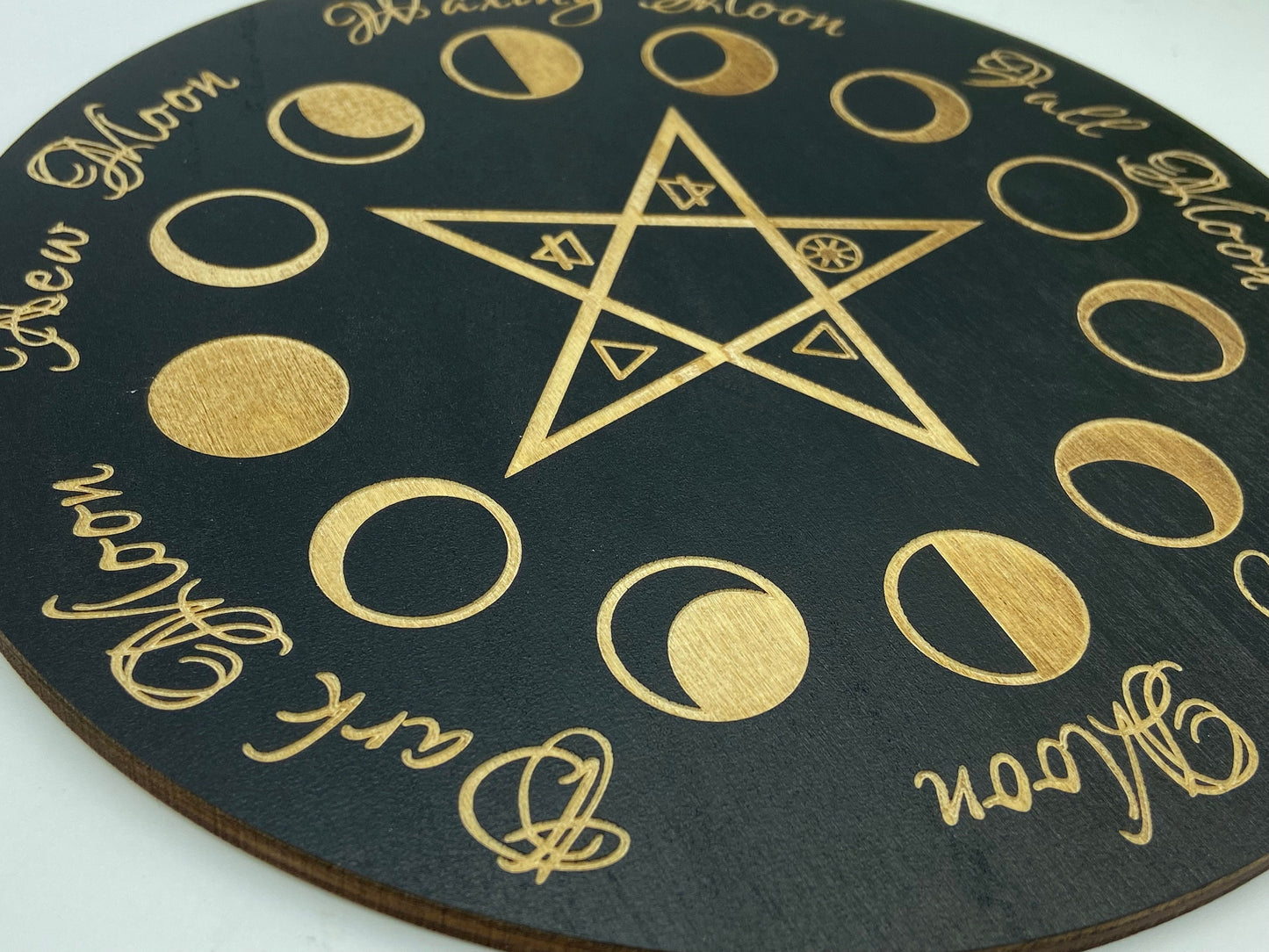 Wooden pentagram pattern sprit/dowsing board, pendulum board, scrying, divination reading, moon phase, 3mm engraved