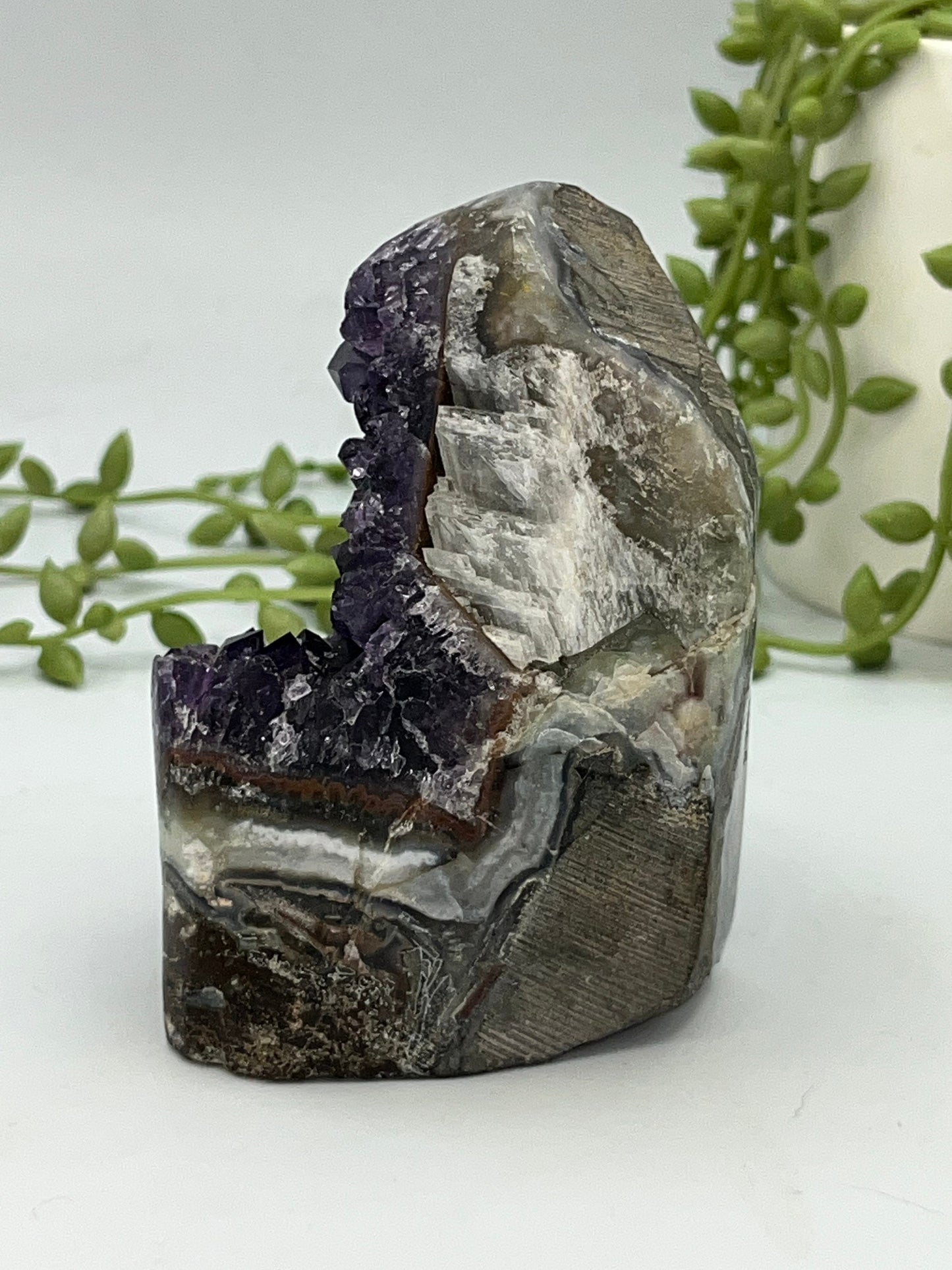 Very Special Purple Amethyst Free Form (I) sugar druzy cluster, Amethyst free form with Mexican Agate, Calcite & Goethite, Cathedral, Geode